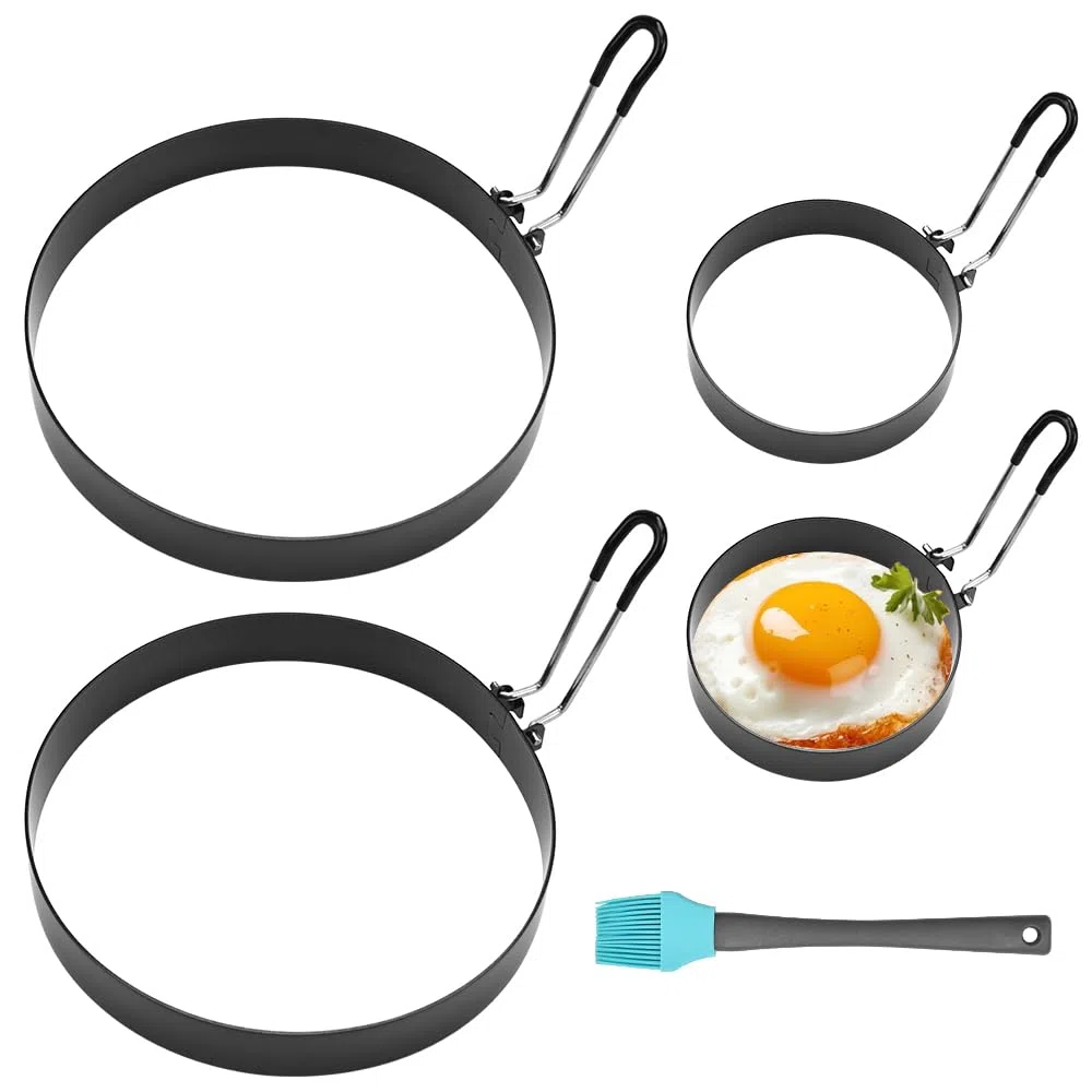 CAREDGO Moldes para Huevos Fritos, 4 Anillos de Huevo Antiadherentes de Acero Inoxidable y 1 Cepillo de Silicona Moldes para Tortillas Redondos de 9 cm y 15 cm para Hacer Desayuno Almuerzo