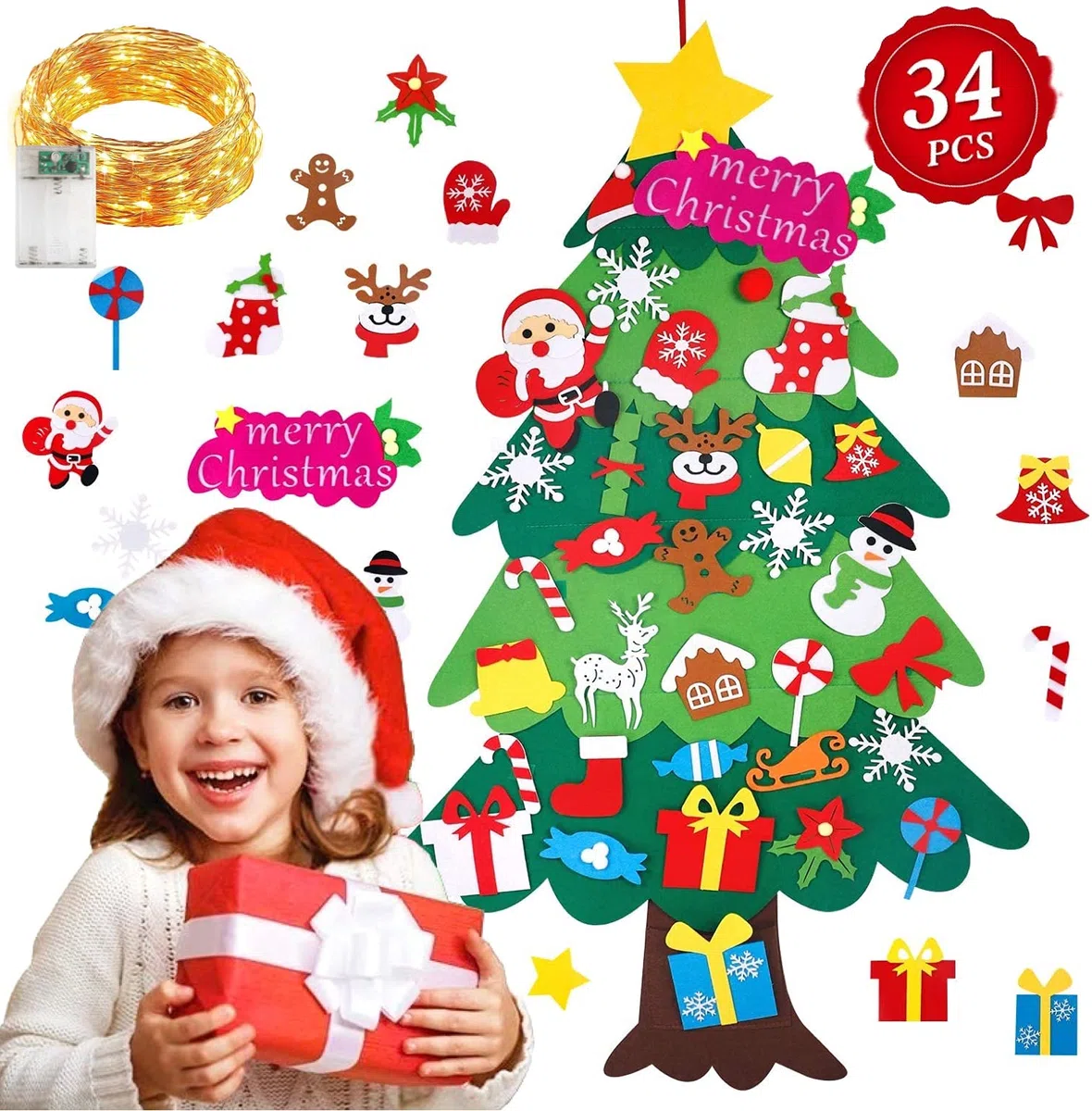 35pcs Fieltro Árbol de Navidad, DIY Christmas Hanging Tree ​con Ornamentos Desmontables El árbol de Navidad de 50 Luces LED,para Regalos navideños, Decoración de Navidad para Paredes y Puertas del