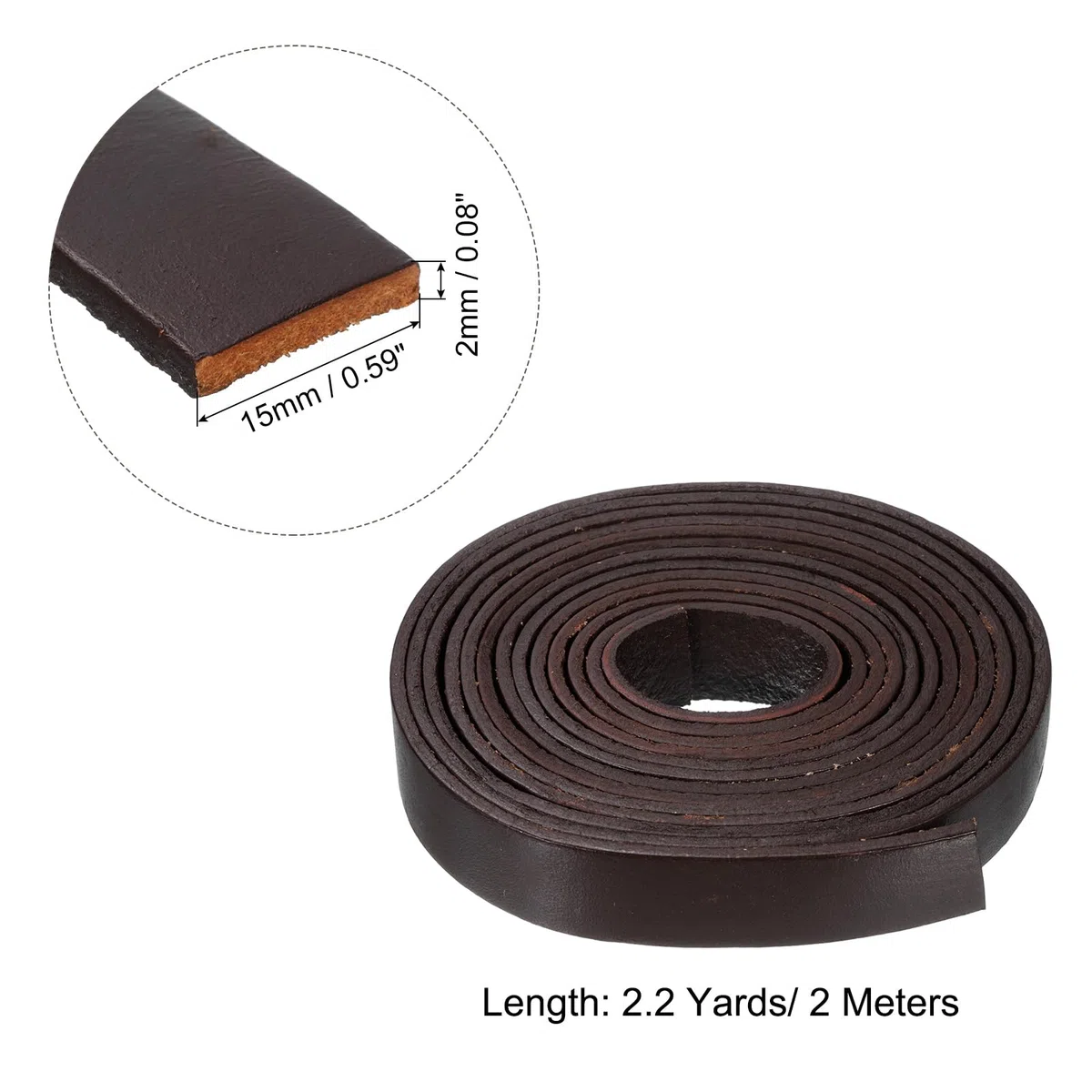 QUARKZMAN Cordón de Cuero Plano de 15mm, Tiras de Cuero de 2.2 Yardas y 2mm de Grosor para Manualidades, Pulseras y Correas de Bolso (Café)