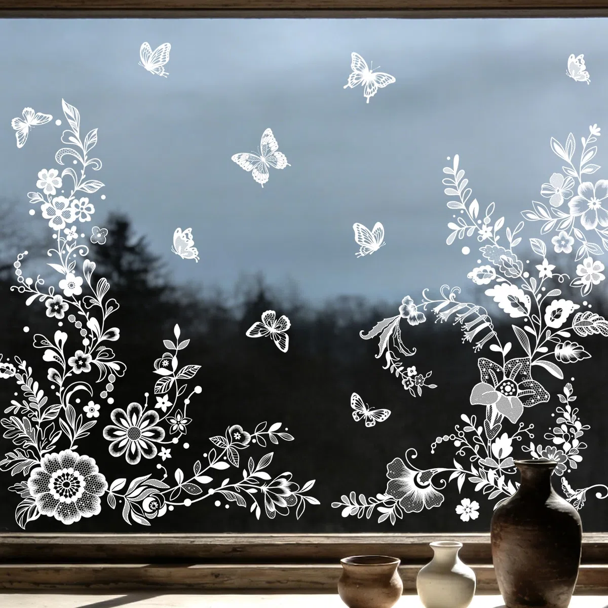 Tanlaby Pegatinas de Ventana Flores Blancas Lirio de los Valles Margaritas Mariposas Vinilos Cristales Diseño Primaveral para Ventanas Puertas de Vidrio Salón Dormitorio Oficina