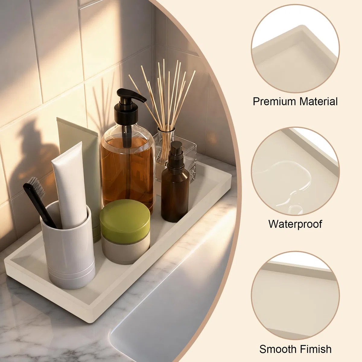 Bandeja de tocador de baño 30x12,5 cm, dispensador de jabón, Bandeja de Fregadero de Cocina de Silicona Antideslizante y fácil de Limpiar, Adecuada para perfumes, Velas, Joyas（Beige）