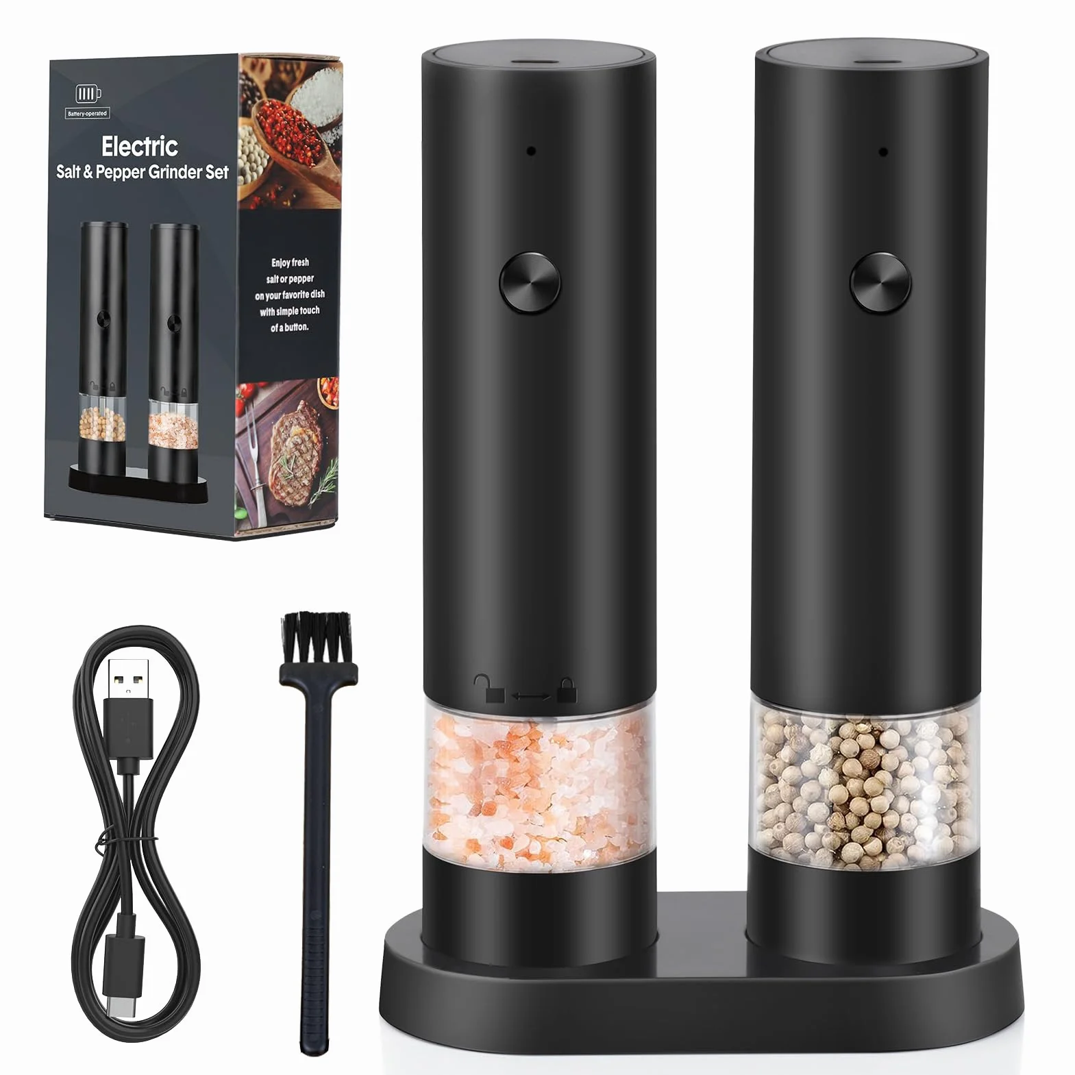 Juego de Molinillos Eléctricos- de Sal y Pimienta Recargable USB con Base de Almacenamiento - Molinillo de Especias con Grosor Ajustable, Recipiente Lavable para Cocina/Picnic/Barbacoa