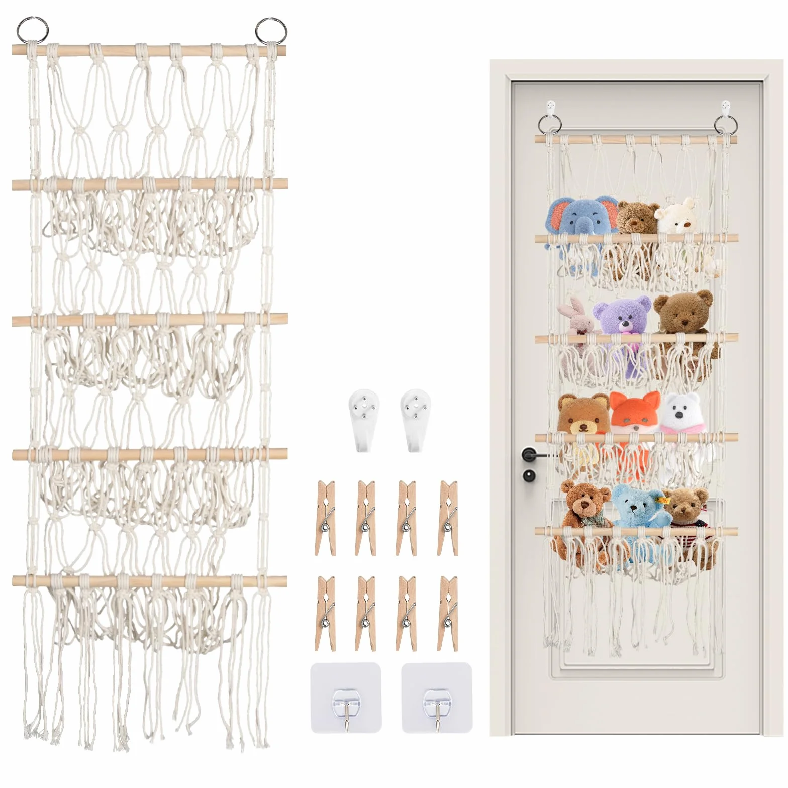 Qivine Organizador Peluches, 4 Capas Bohemio Guardar Juguetes con Gancho & Clip de Madera, Organizador Colgante para Sala de Juegos, Dormitorio, Habitación