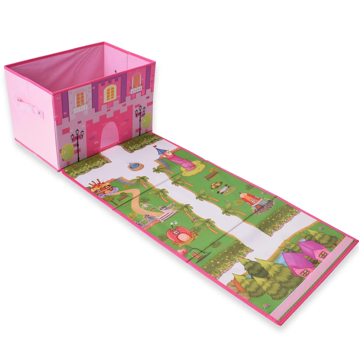 TE-Trend Tela Caja Plegable Caja de Juego Niños Niñas Alfombra Carreteras Candado Ordnungsbox Juego Habitación Juego Bloqueable Azul Rosa - Parque del Castillo Rosa
