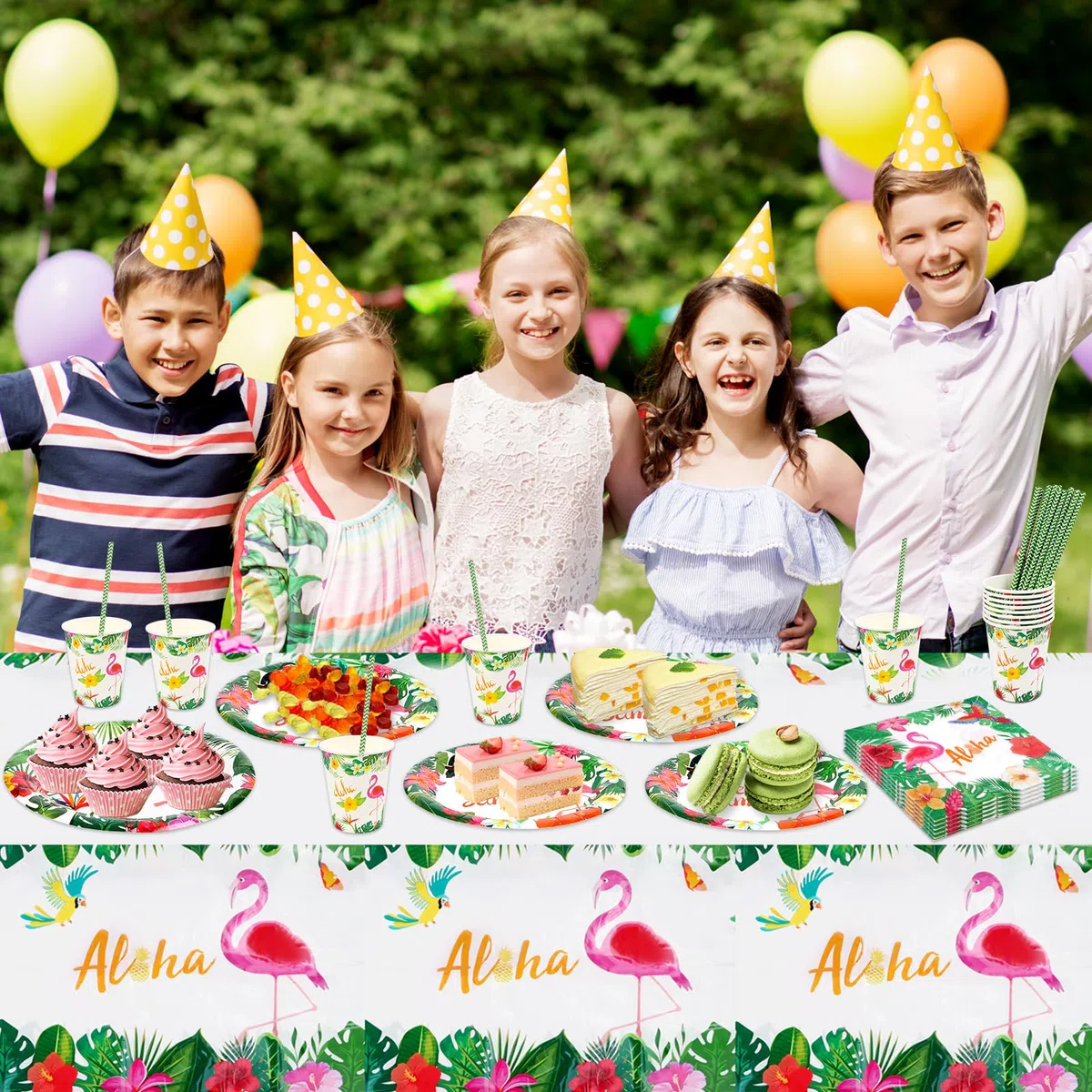 Aloha - Juego de 81 vajilla de fiesta hawaiana, decoración de cumpleaños, platos y vasos de cartón, toallas, diseño de verano, decoración para niños y niñas