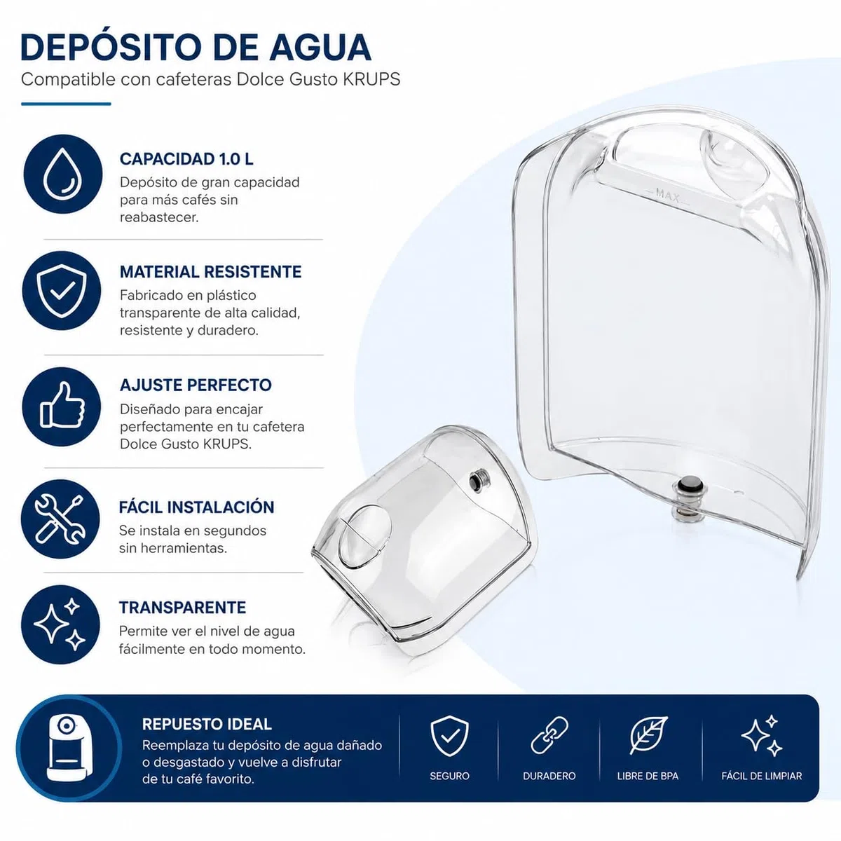 CABLEPELADO Deposito de agua para cafetera MS-623472 | Depósito de recambio de 0,8 litros | Transparente | Compatible con Nescafé Dolce Gusto Mini ME KRUPS y Delongi