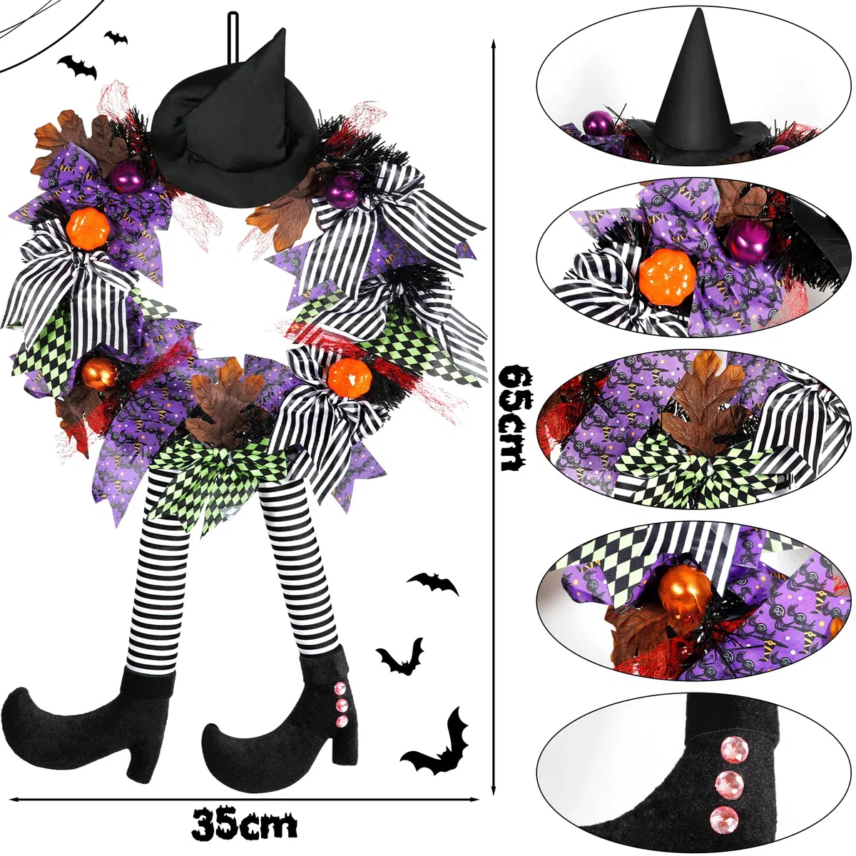 35cm Decoración de Corona de Halloween, Corona de Bruja de Halloween, Corona de Bruja con pies y Sombrero de Bruja y Calabaza, Corona de Halloween, Decoración Puerta Halloween para Casa