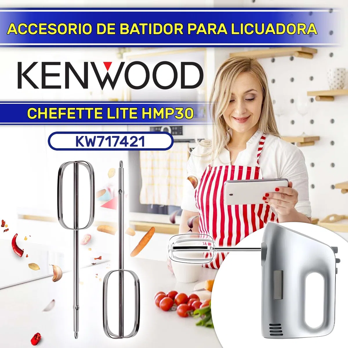 MONTERAL 2 Piezas Batidora de Varillas con Código Original KW717421 para Kenwood Chefette Lite HMP30 - Garantía de 10 Años