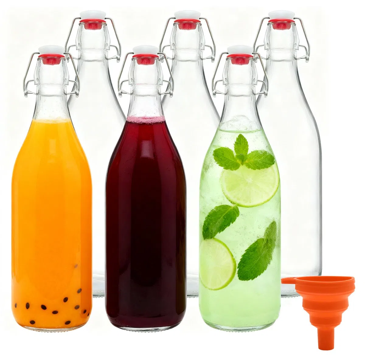 6 Piezas Botella Agua Cristal de 500 ml con Tapón Hermético y Embudo, Botellas de Vidrio Transparente Hermética, Botellitas Bebidas Reutilizables para Jugos, Aceite, Jarabe, Cerveza, Vinagre, Kombucha