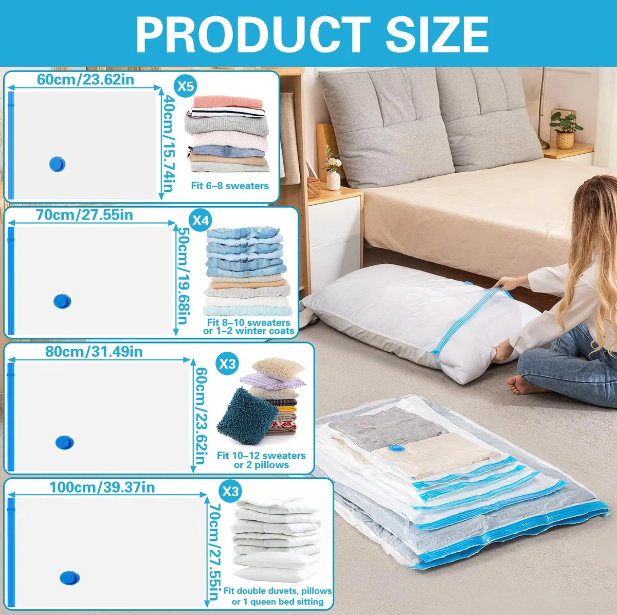 Bolsas Vacio Ropa con Bomba Eléctrica, 15 Bolsas de Vacio 3x100*70cm, 3x80*60cm, 4x70*50cm, 5x60*40cm, Reutilizable Vacuum Storage Bags, Bolsa Vacio Ropa para Mantas, Edredones, Colchas