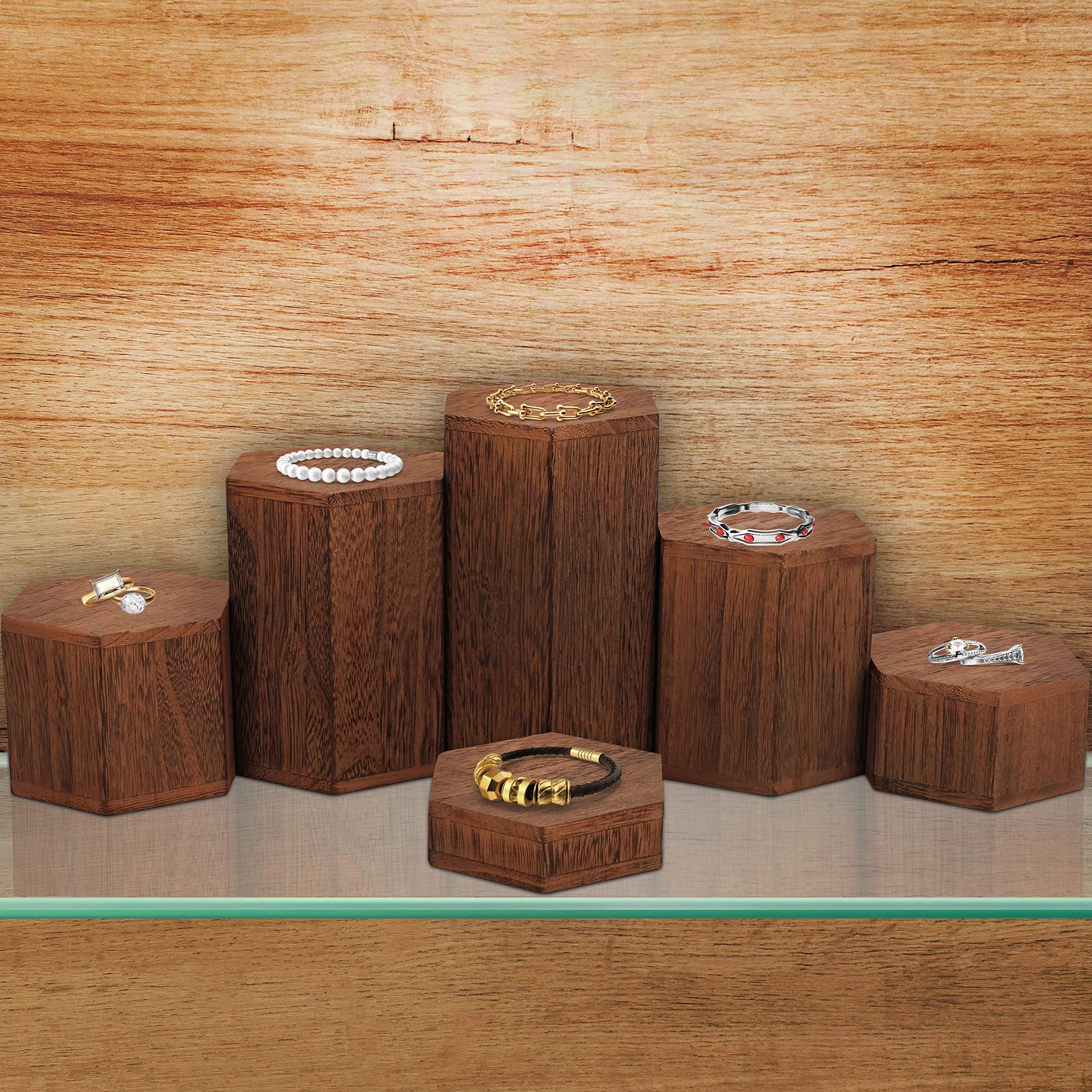 BELLE VOUS Expositor Hexagonal de Madera (Pack de 6) para Repisas y Encimeras - Expositor Miniaturas peldaños para Joyas, Tiendas, Figuras, Cupcakes y Postres