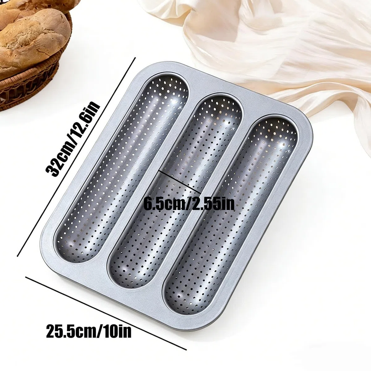 Genérico Molde Para Baguette De Acero Al Carbono, 25.5x32cm Palito Francés Paras 3 Baguettes Perforadas, Bandeja Paras Hornear Baguette Antiadherente, Para Horno Doméstico, Cocina, Refrigerador