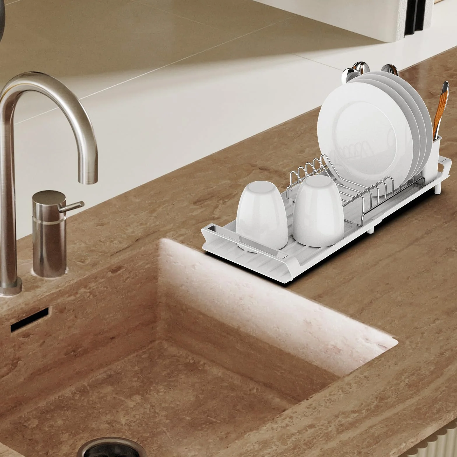 Escurridor de Platos, Escurreplatos Blanco de Acero Inoxidable para Fregadero con Soporte para Cubiertos Extraible, Escurreplatos Plegable Extensible y Compacto - Blanco