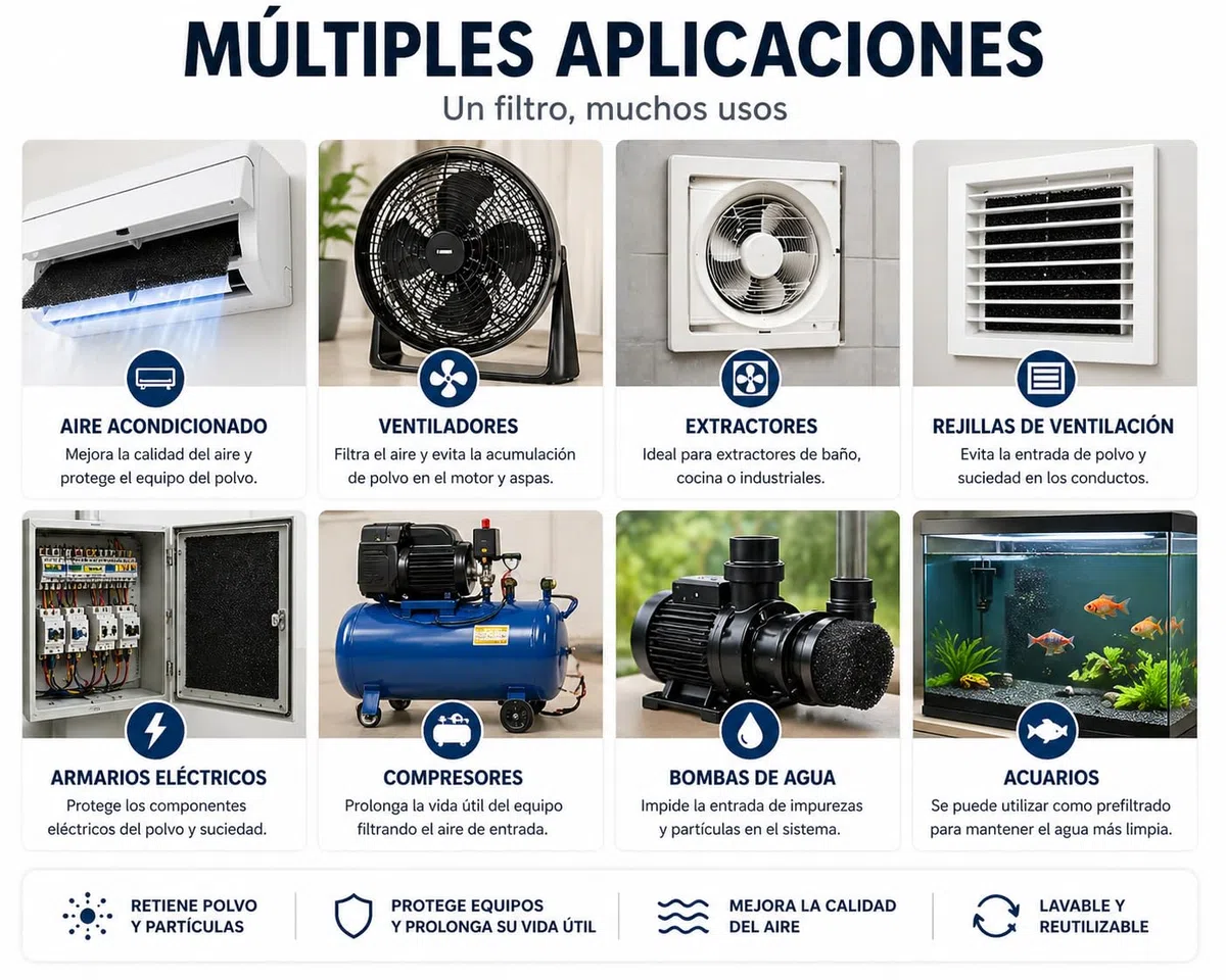 Recambio filtro aire acondicionado plancha espuma filtrante de poliuretano para climatización, filtros de aire, rejillas | 200 x 100 cm | (Espesor 5mm | Ventidad 30)