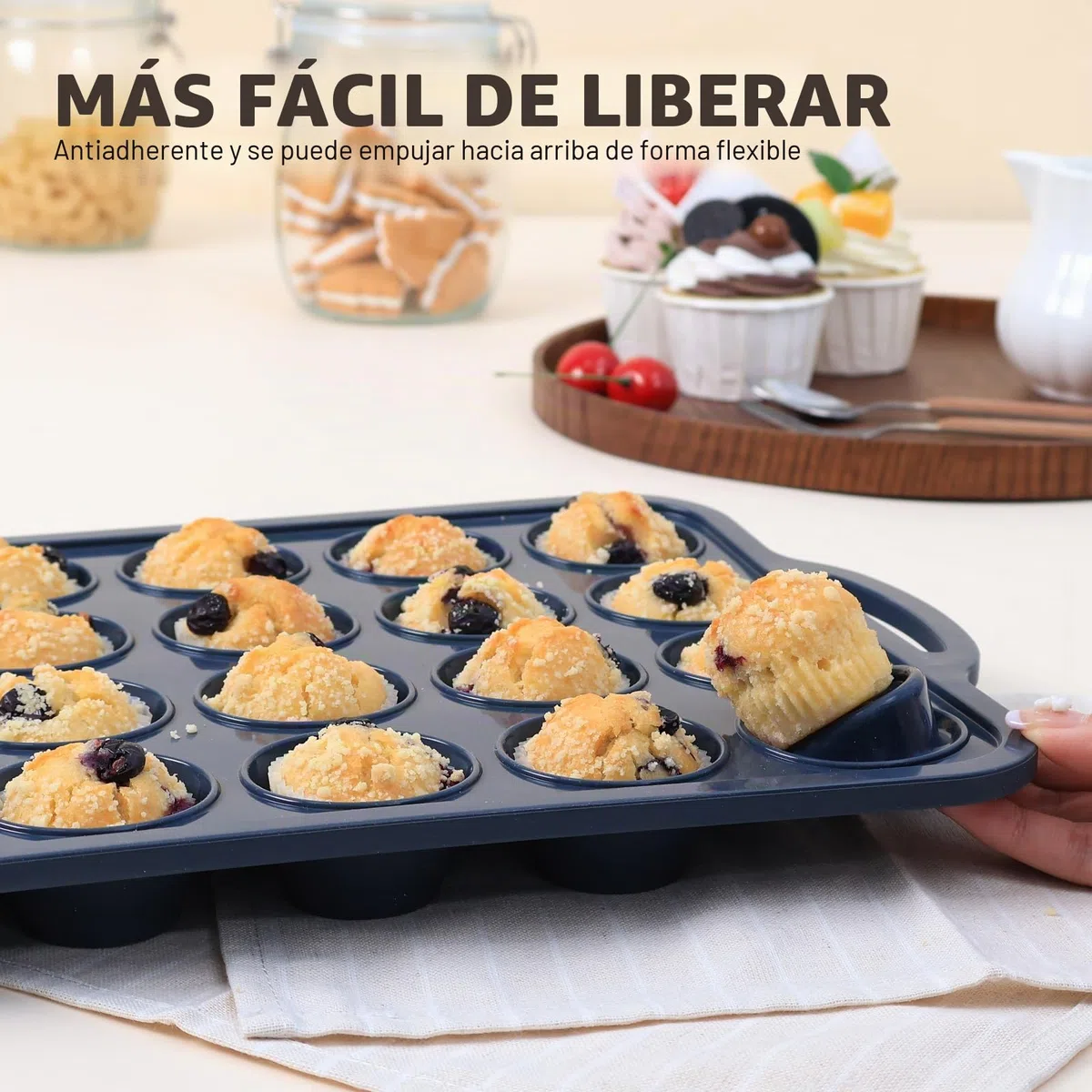 SUPER KITCHEN Pack 2 Moldes Magdalenas 24 Huecos, Silicona con Asas, Estructura Metálica Estable, Fácil Limpieza, Libre de BPA, Cupcake, Brownie, Gris