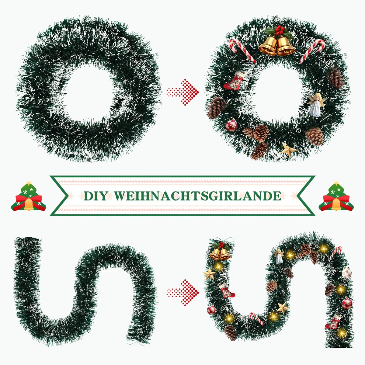 4 pcs de Navidad Guirnalda de Navidad Verde Oscuro-Abeto Artificial Guirnalda Ø13cm,12M Guirnalda de Navidad árbol de Navidad Deco oropel para repisa de la Chimenea,Escalera,Navidad,Interior,Exterior