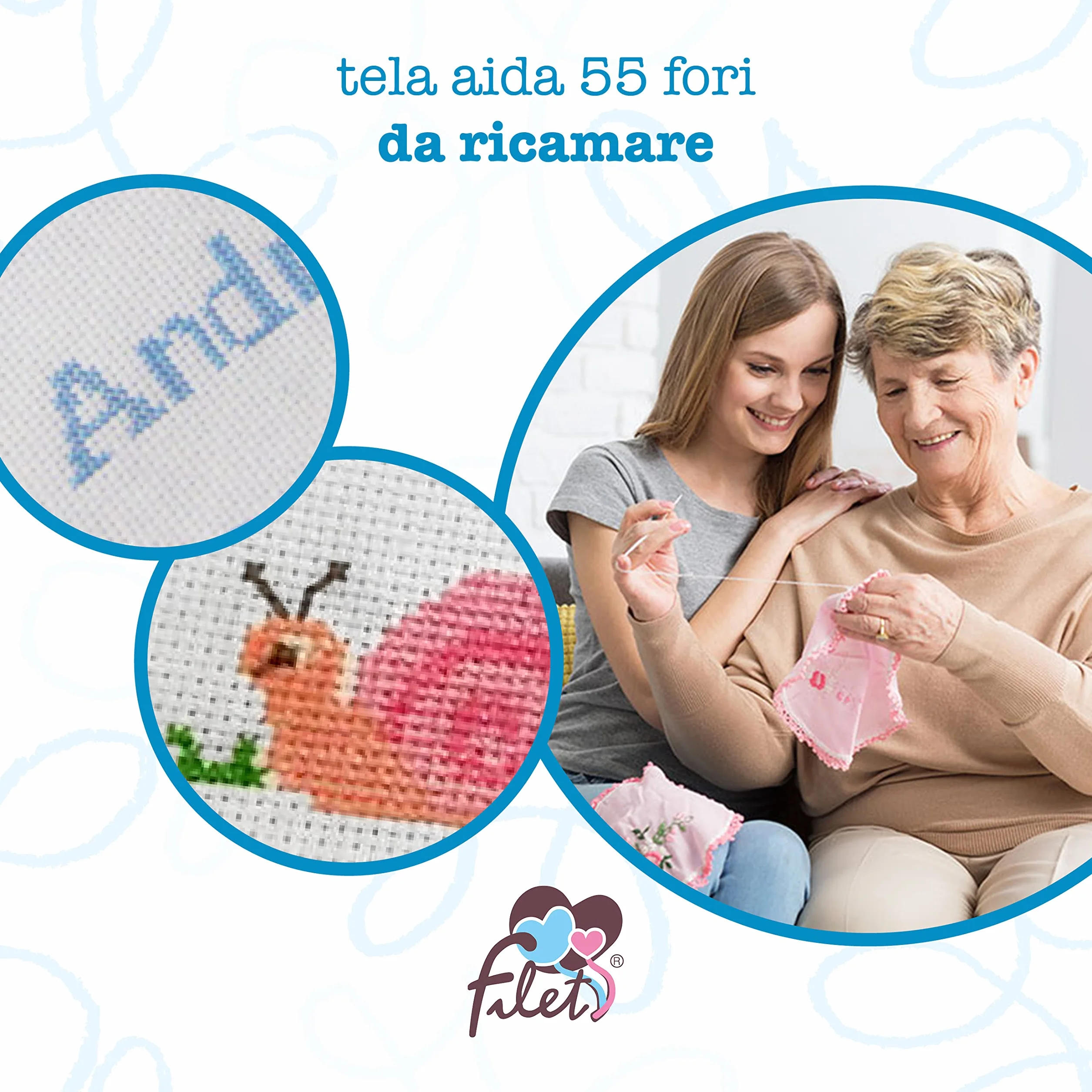 Filet - Set Toallas con Invitado con Inserto en Tela Aida para Bordar, Realizado en Esponja de 100% Algodón, Suave y Absorbente, Delicado sobre la Piel, 100% Made in Italy, Tinta Unita, Color Gris