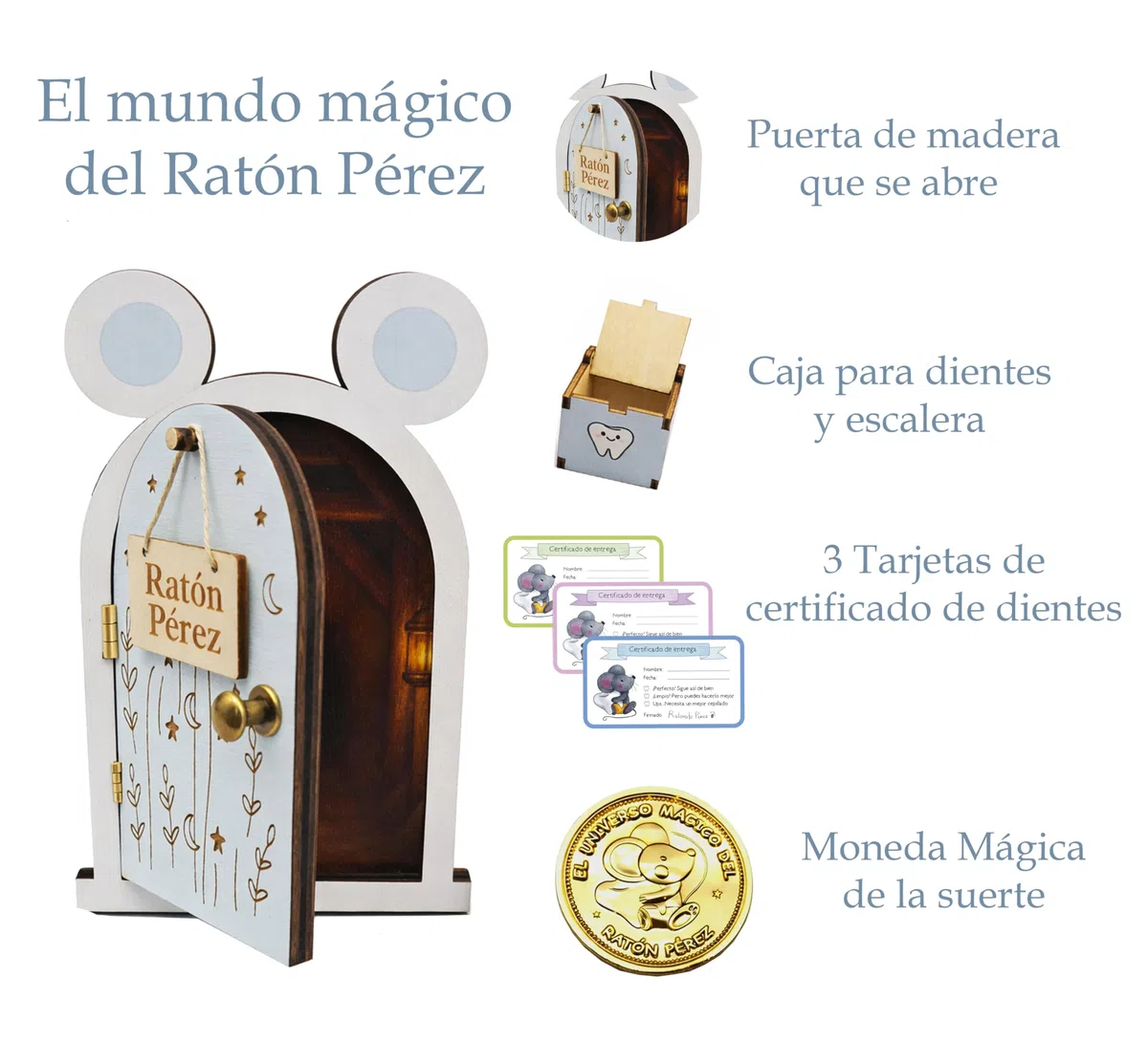 Zaldun-Puerta Ratoncito Pérez – Casita Ratoncito Pérez de Madera | Caja para Dejar Dientes,Escalera, certificados y Moneda - Se Abre la Puerta. (Azul)
