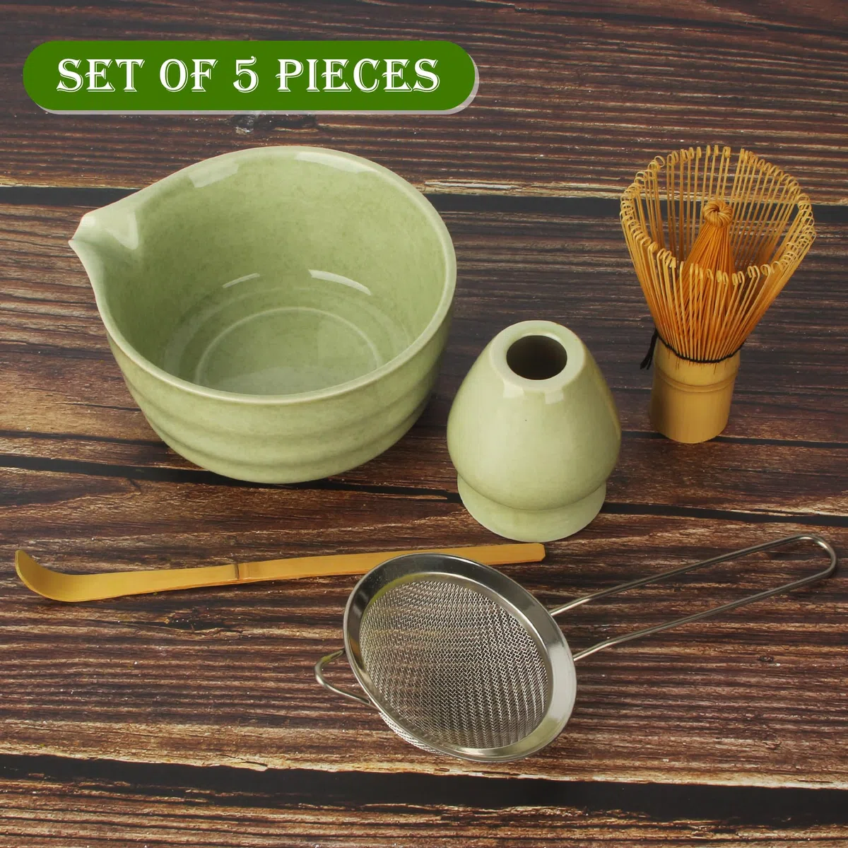 5 Piezas Matcha set, Cucharas de Matcha, Colador de Matcha, Batidor de Bambú, Cuenco de Matcha, Soporte de Cerámica para Batidor, Perfecto para Regalos de Las Fiestas