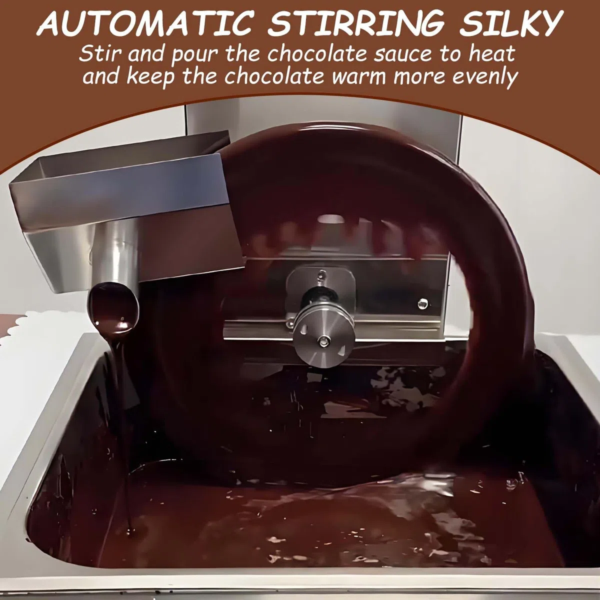 Horno de fusión de chocolate de acero inoxidable con rueda mezcladora y tanques extraíbles para cafeterías y chocolaterías, ideal para fundir y mezclar chocolates