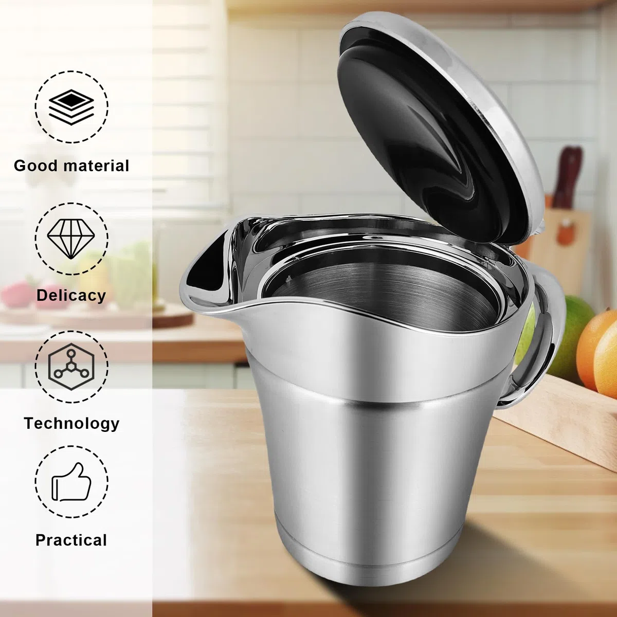 Salsera térmica de acero inoxidable de 450 ml: salsera con tapa abatible y asa, dispensador de salsas de doble pared, jarra de leche, para servir salsas, natillas, nata, salsa