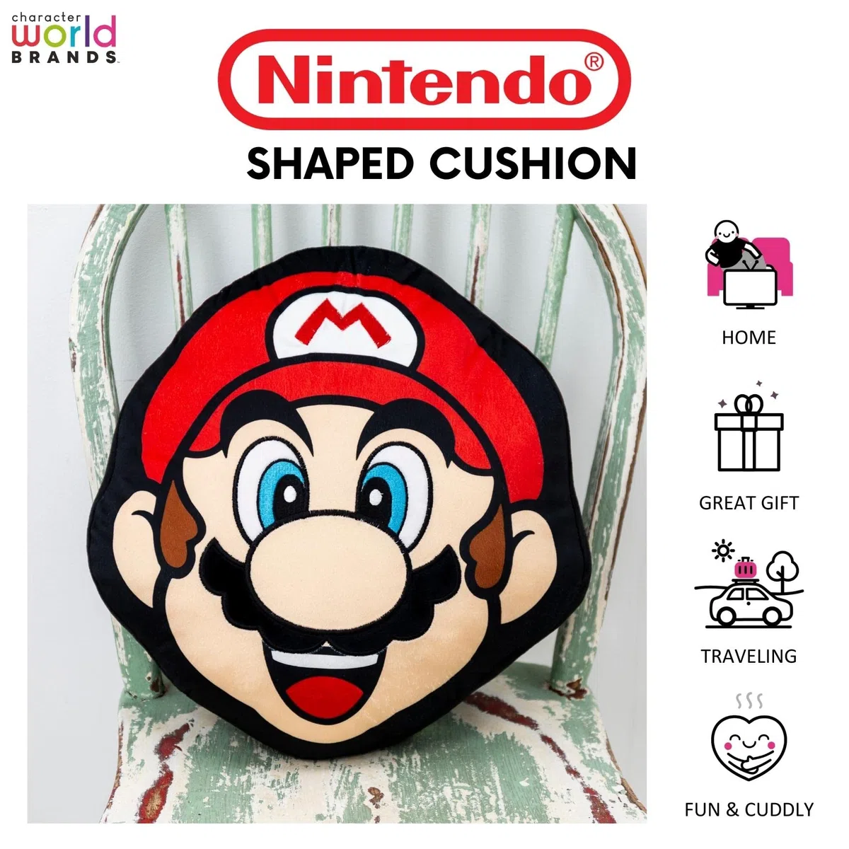 Character World Nintendo Super Mario - Cojín con Forma Oficial | Diseño apilable de Cara de Mario Head Face 40 x 36 cm, Almohada roja Dormitorio o el sofá