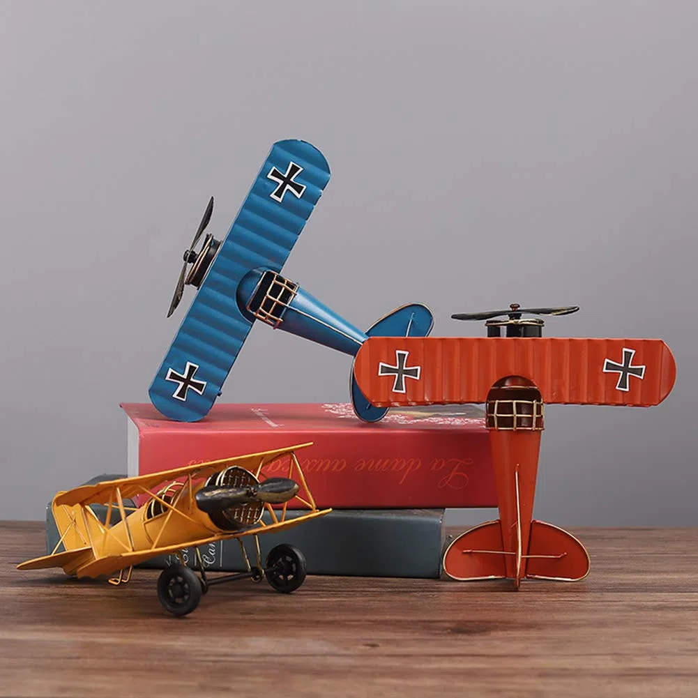 Modelo de avión vintage, biplano, colección de adornos de oficina - amarillo (21,5 x 17,7 x 9 cm)