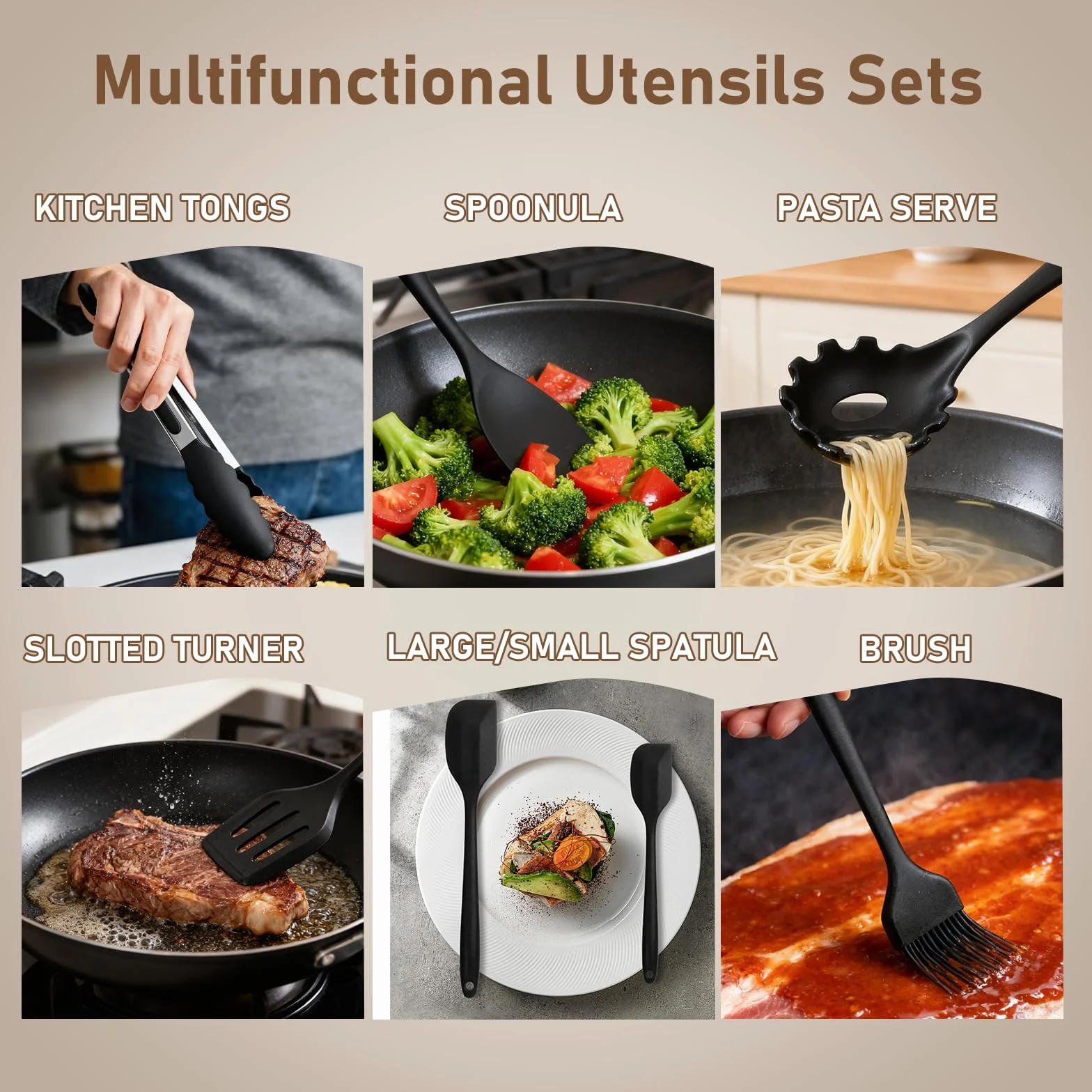VINATO Juego de Utensilios de Cocina 12 Piezas de Silicona Alimentaria, Utensilios de Cocina sin BPA | Apto Lavavajillas, Negro