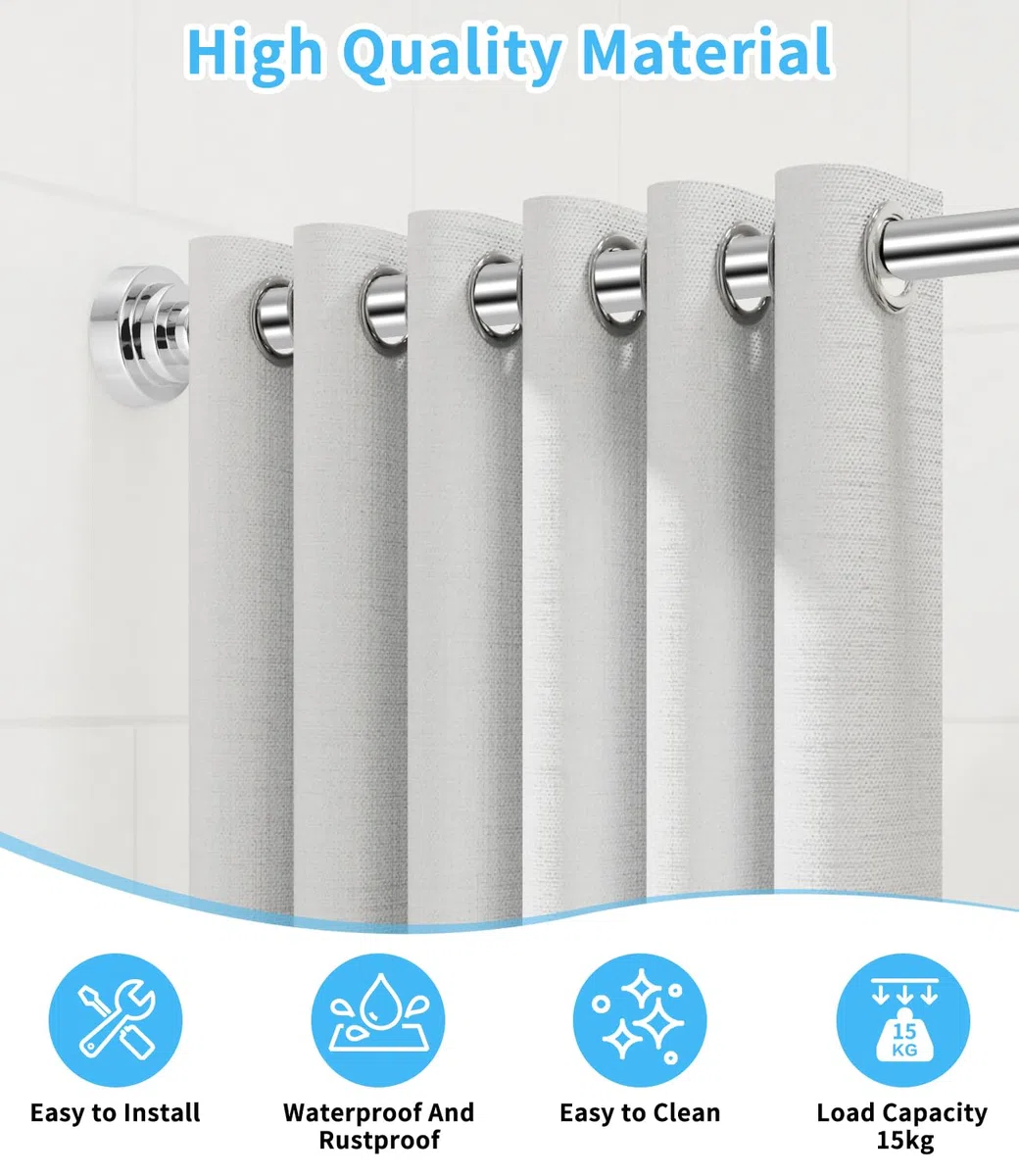 Barra para Cortinas de Ducha,75-255 cm Ducha Ajustable Barra Telescópica para Cortina de Ducha Acero Inoxidable Sin Perforación Óxido Antideslizante para Cortina Armario Baño Ventanas