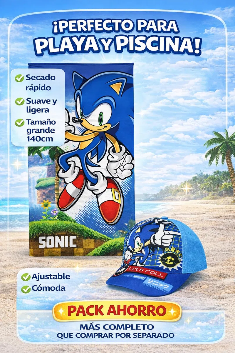 MARUKATSU Sonic Pack Playa Niño Toalla 140x70 cm + Gorra Ajustable – Set Verano Infantil Piscina Playa Vacaciones Regalo Niños