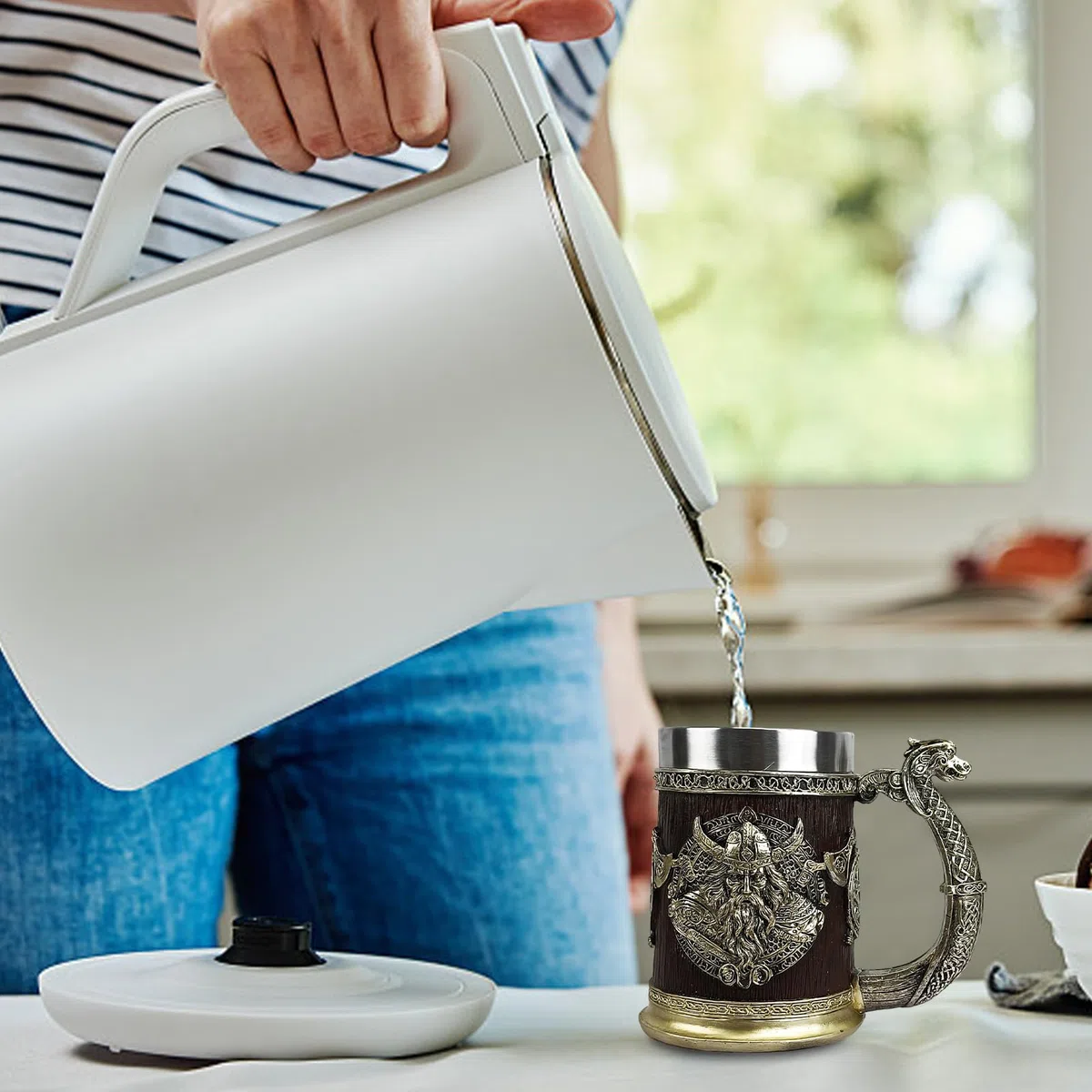 Tazas vikingas para hombres - Tankard nórdico de acero inoxidable | Taza de barril de estilo antiguo, taza rústica de café fría para la decoración de la fiesta, taza de regalos de aspecto de madera, d