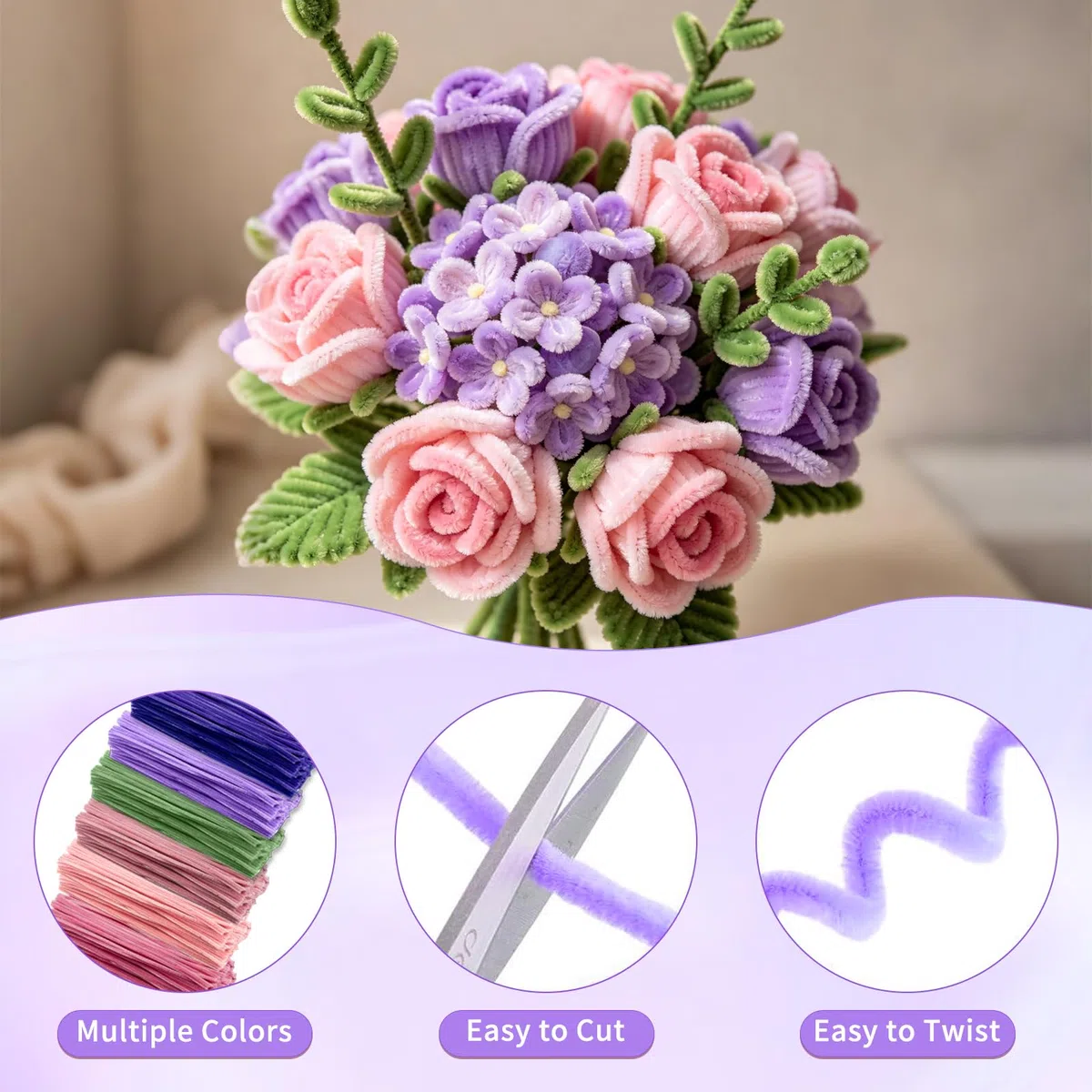 600 Piezas Limpiapipas,6 Colores Manualidades Limpia Pipas,30cm | Tulip Bouquet Pipe Cleaner Set,Limpia Pipas con Tallo Floral Artificial Estambres ,para Regalos Artesanales Ramos DIY