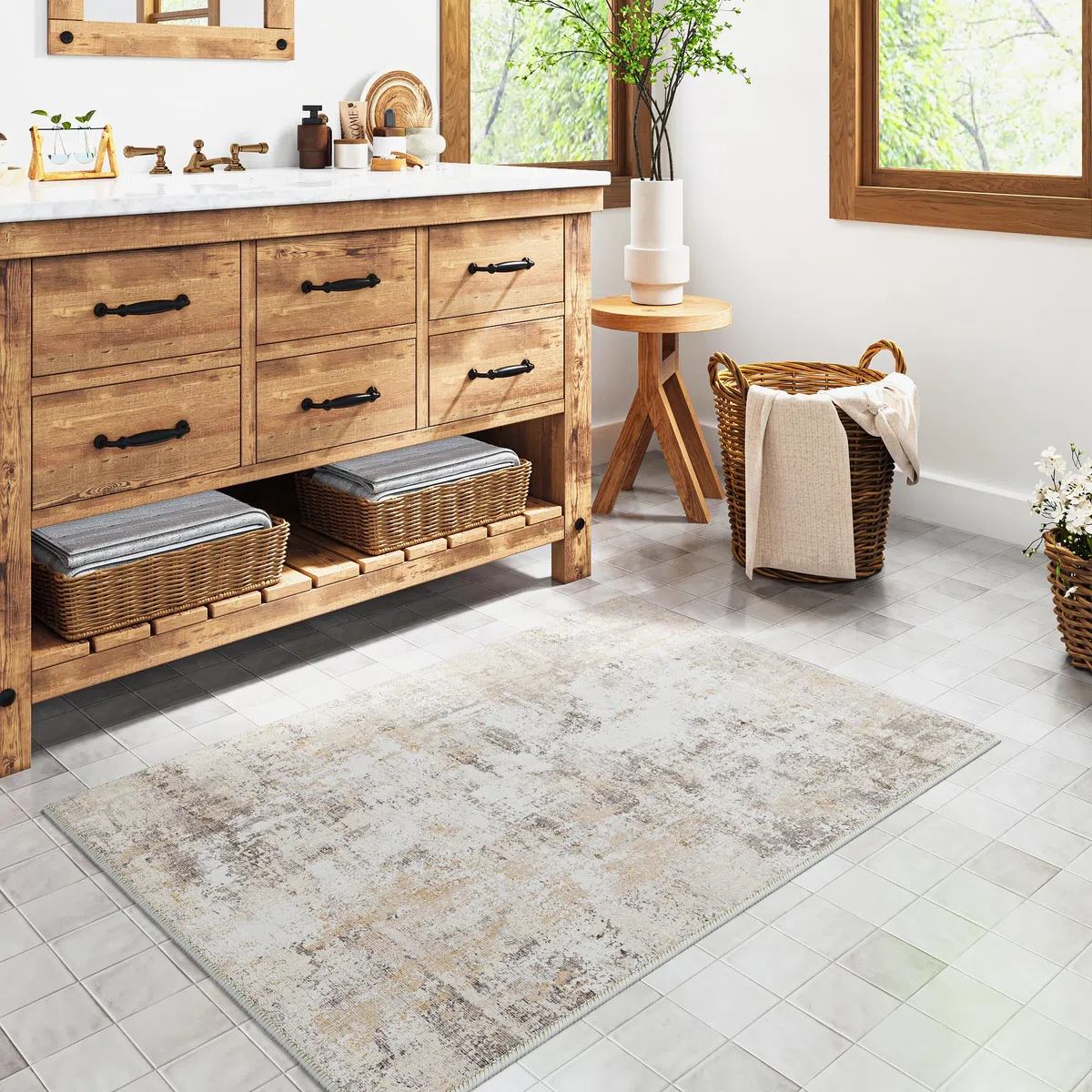 HUGEAR Alfombra Entrada Casa Alfombras 60x90cm Beige Gris Antideslizante Lavable Lavadora Moderna Abstractas Pequeña Carpete Habitacion Dormitorio Comedor Cocina Pelo Corto Tapete