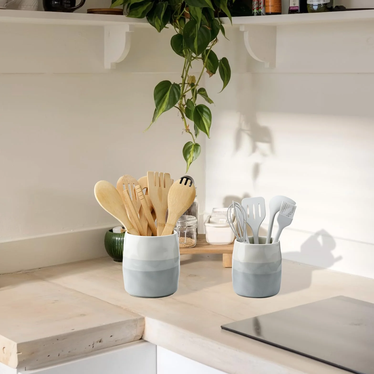 Bote para Utensilios de Cocina de Ceramica, Soporte para Utensilios de Cocina para Organización de Encimera, Porta Cubiertos para Cucharas, Espátulas y Cubiertos (L)