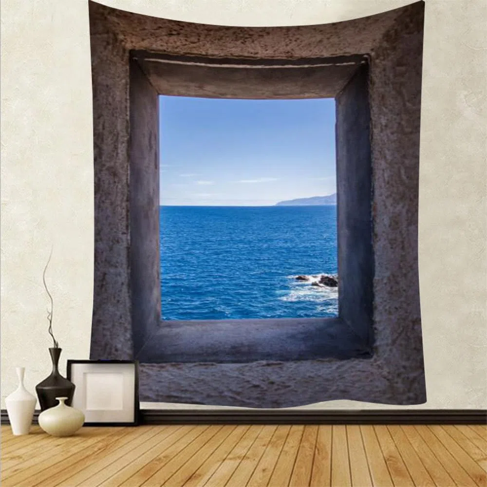 XIUYINHS Tapiz de naturaleza para ventana exterior, tapices de paisaje de playa, tapiz de pared con escenas, para decoración de oficina, dormitorio, interior y exterior, tapices de gran tamaño 1,5 m