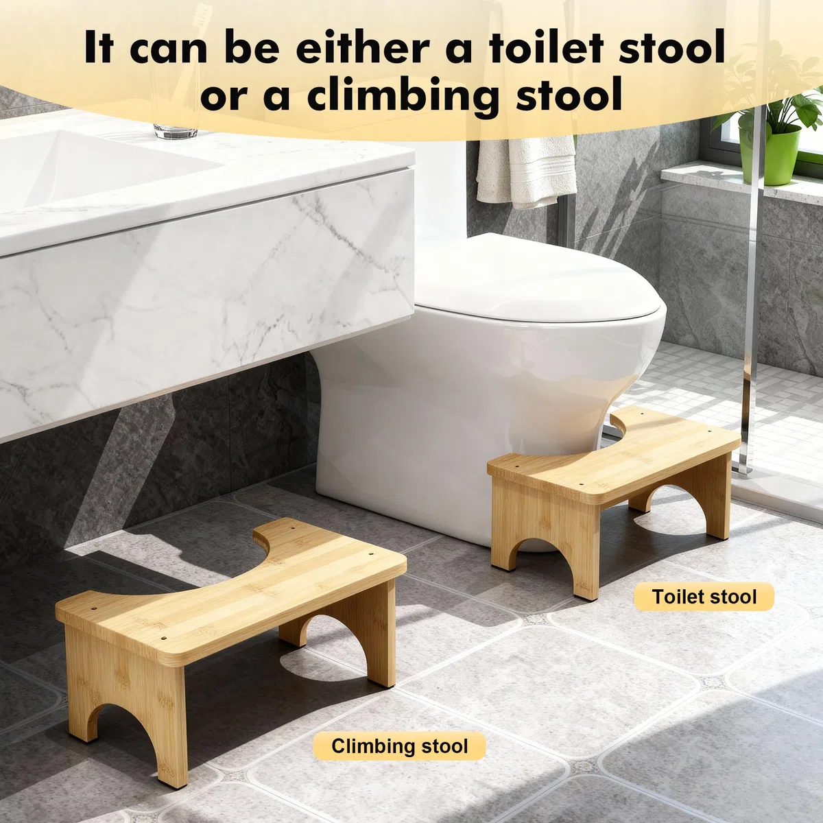Bambústyle Taburete de Inodoro de Bambú para Adultos y Niños – Taburete Baño Antideslizante con Base Estable, Color Natural