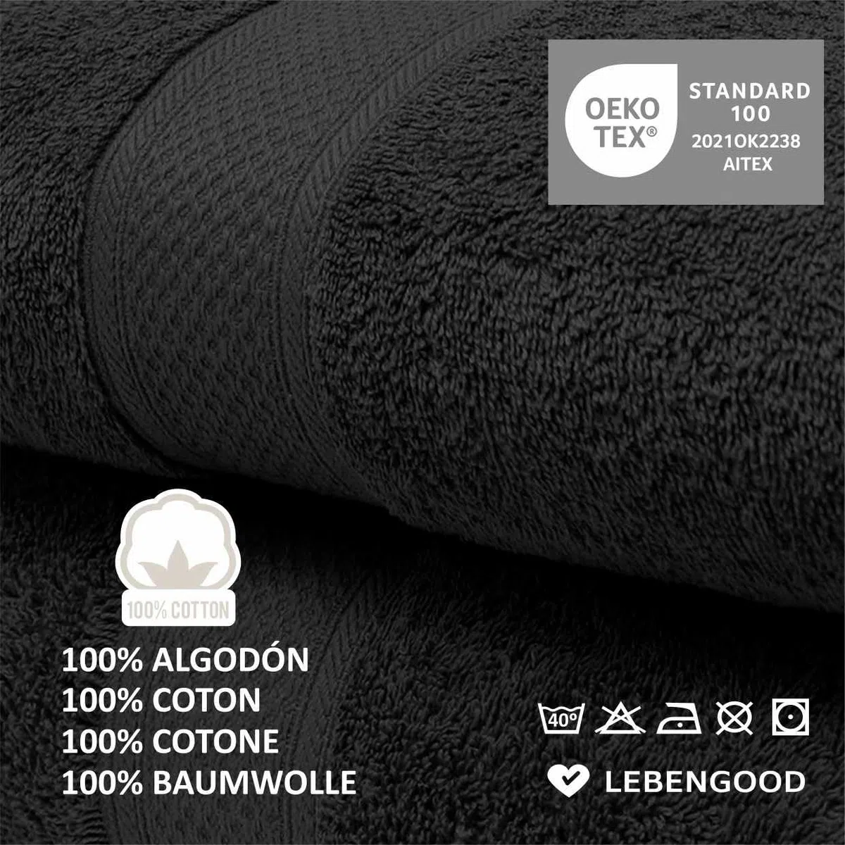 LEBENGOOD Juego de Toallas Baño y Lavabo 100% Algodón Premium 550gsm | Toallas Suaves, Absorbentes y Resistentes para Ducha, Hotel, SPA y Gym | Set de 4 Toallas Mano y Cuerpo (4 50X90 Negro)