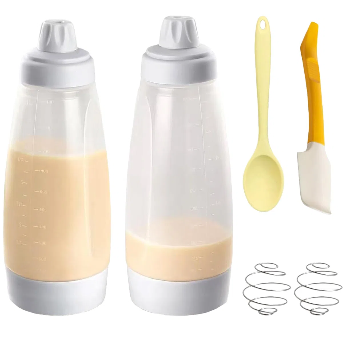 Teigspender, 2 Piezas de Botellas exprimibles para Pancakes y Muffins, dosificador de Masa con Tapa y Escala, jeringa de Masa para Waffles, Crepes, Cupcakes, Incluye espátula de Silicona