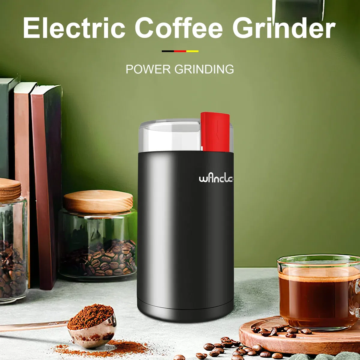 Molinillo de café eléctrico, Wancle molinillo de semillas, Molino de café de un toque (para frijoles, especias, etc.), con cepillo de limpieza (Negro+Rojo)