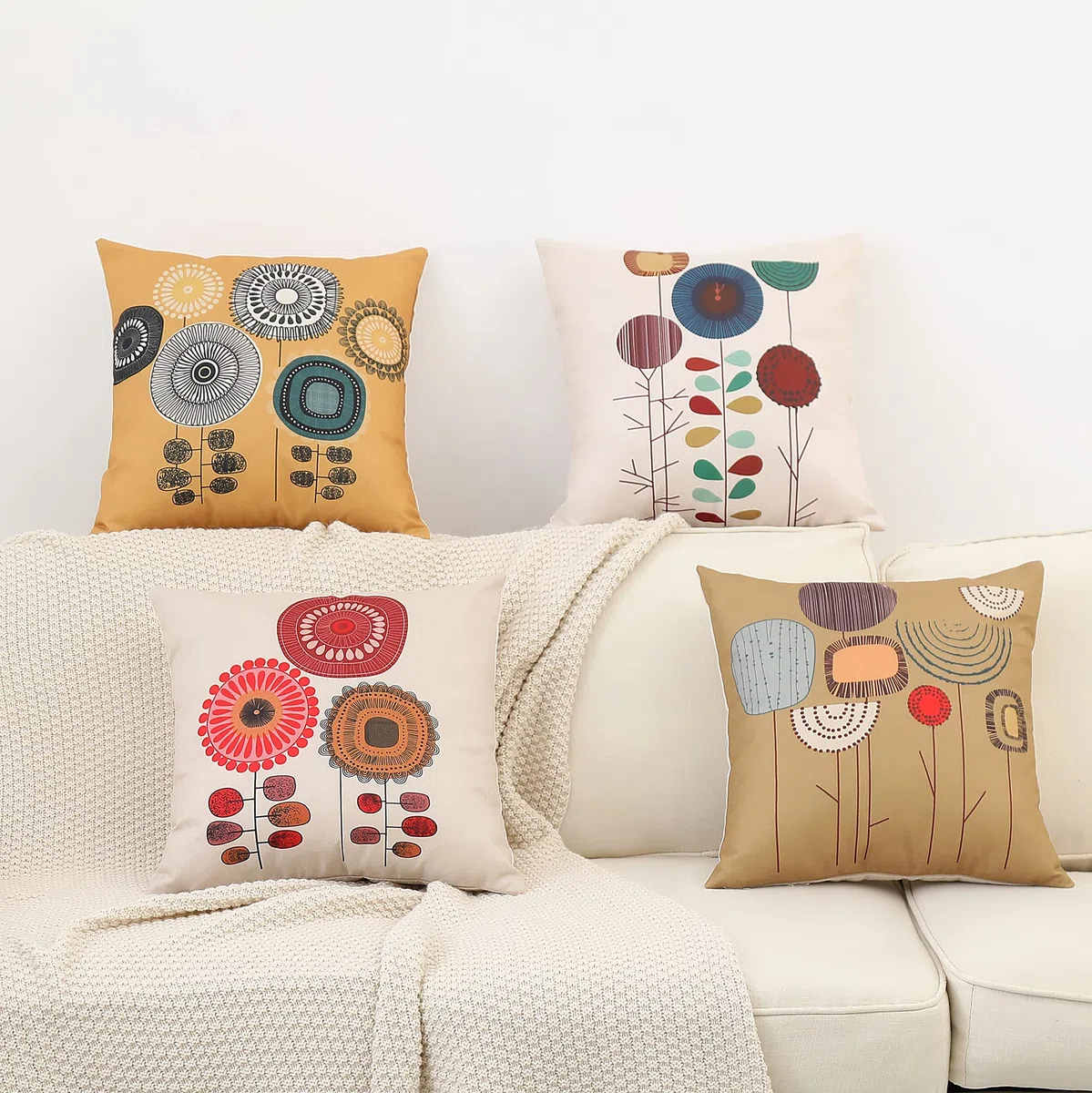 Fundas Cojines 45x45 cm, Fundas de Cojines Modernas Juego de 4 Funda de Almohada Elegantes Decorativa para Sofá Coche Cama Sillas (Floral-Lino Algodón)