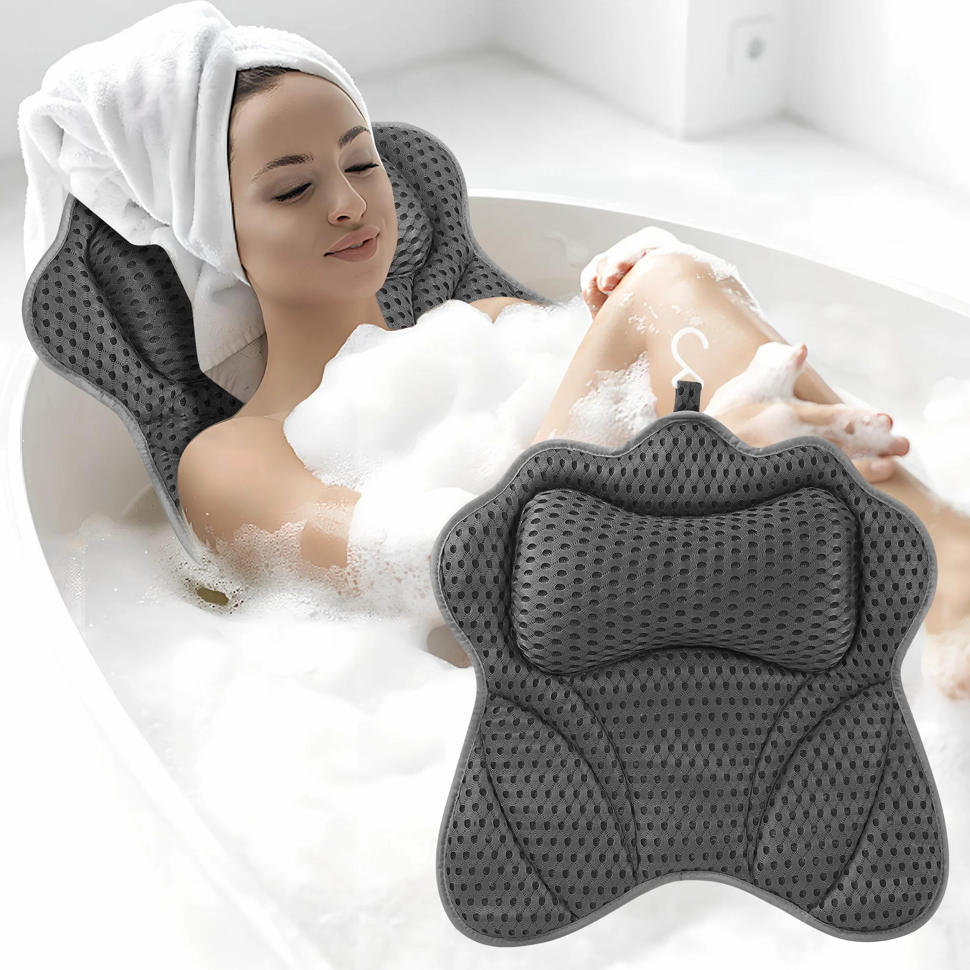 Almohada Bañera，Cojin Bañera，Almohada de Baño de Malla 4D，con 6 Tazas de succión para Relajarse para soportar su Cuello, Hombros, Cabeza y Espalda, para SPA para el hogar (Gris)