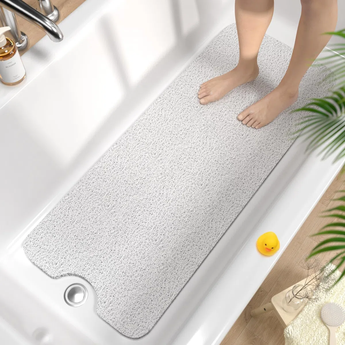 HITSLAM Alfombra de Bañera Antideslizante 100x40cm, Extra Largo Alfombra Ducha Antideslizante, Loofah de PVC Suave Alfombra Baño, Secado Rápido Alfombrilla Bañera, Sin Ventosa, Blanco