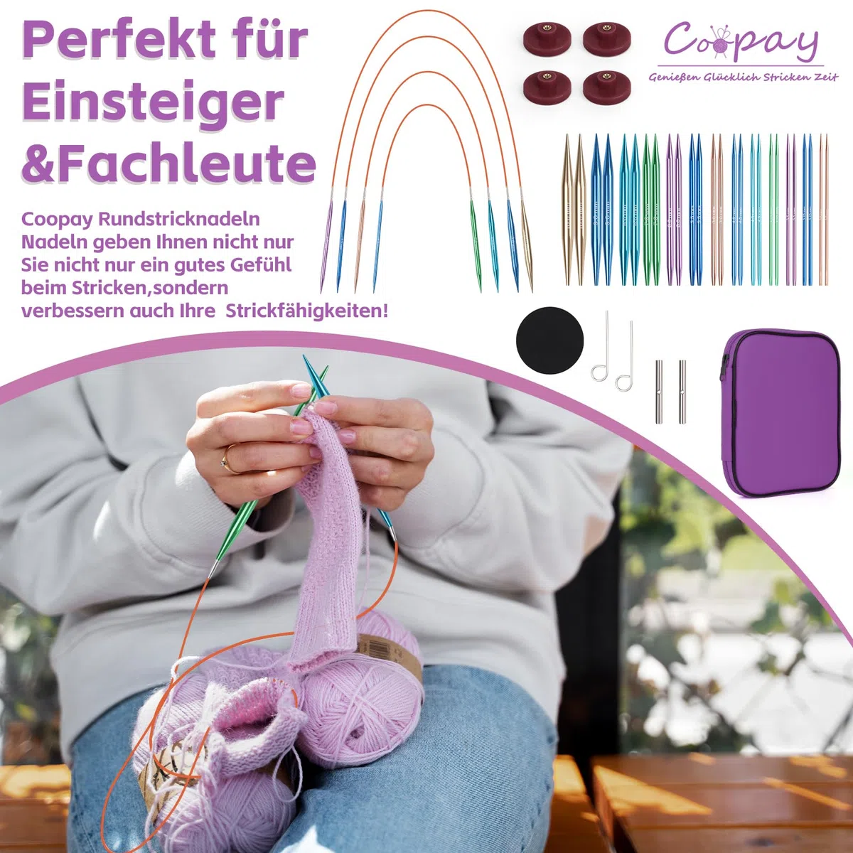 Coopay Juego de Agujas Circulares Intercambiables para Tejer Punto, 3,0-10 mm, Agujas Circulare (40cm/60cm/80cm/100cm), Aguja con Bolsa Almacenamiento, 13 Pares Aguja Circulares - Púrpura