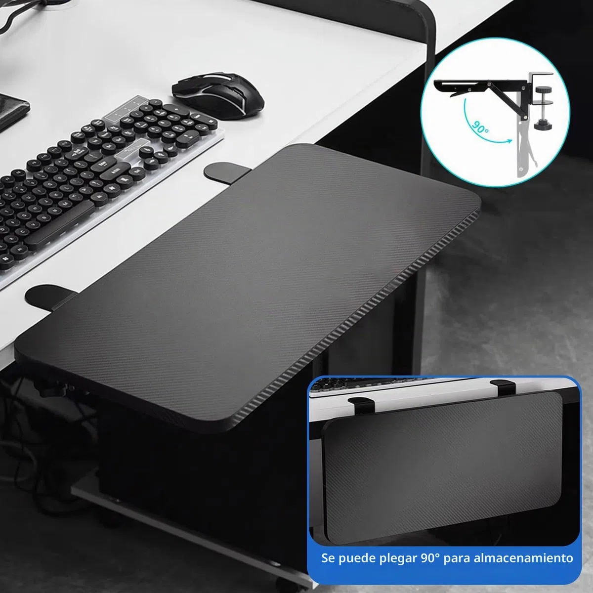 2 Piezas Bandeja Extraible Teclado, Bandejas para Teclado Porte de Extensión de Escritorio Acero Inoxidable Soporte Teclado Plegable Plegable Abrazaderas en C Extensión de Mesa Plegable Para Mesa