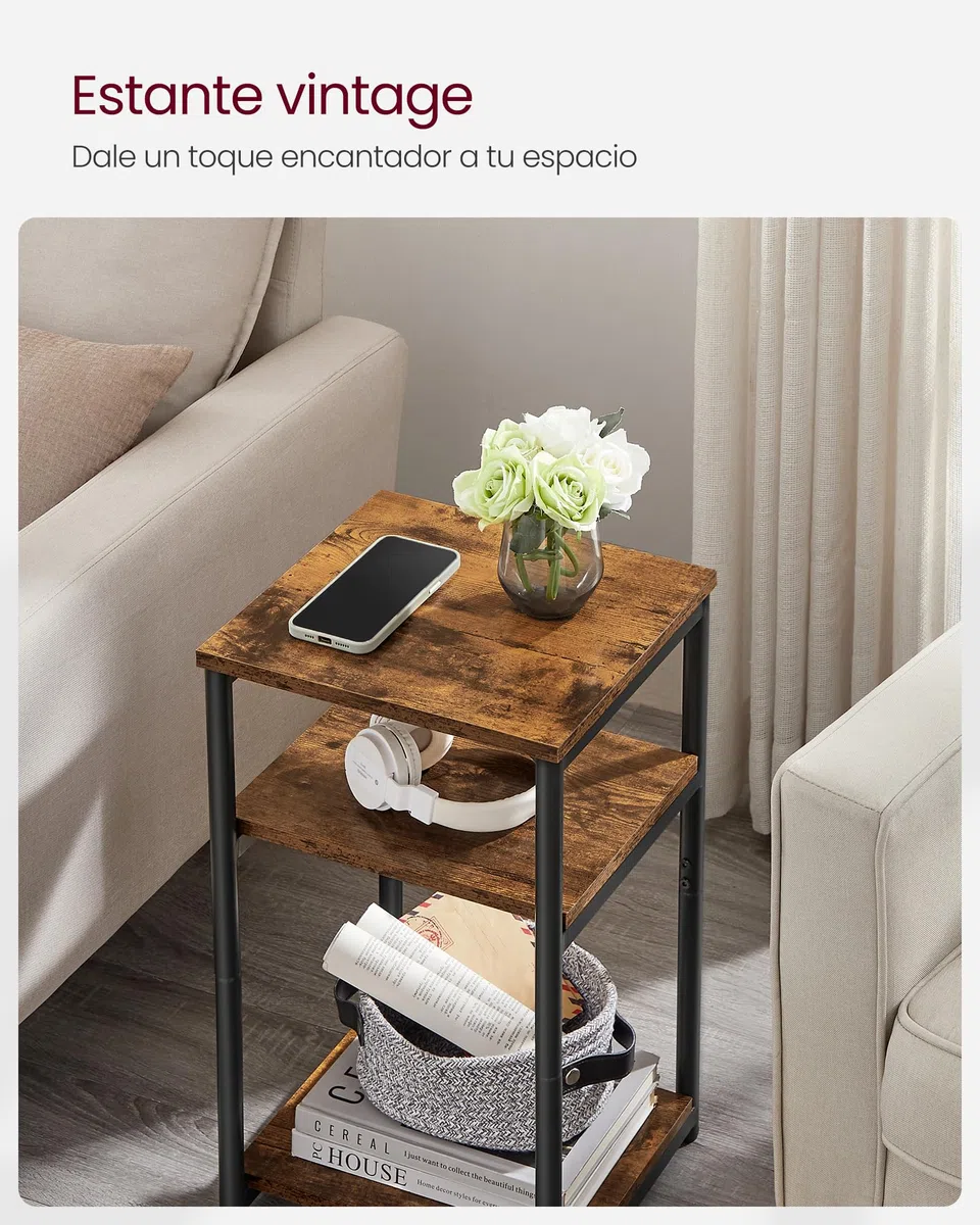 VASAGLE Mesa de Sofá, Mesa Auxiliar de 3 Niveles, Mesita de Noche con Marco de Acero, para Salón, Dormitorio, Estudio, Marrón Rústico y Negro Tinta LET273B01