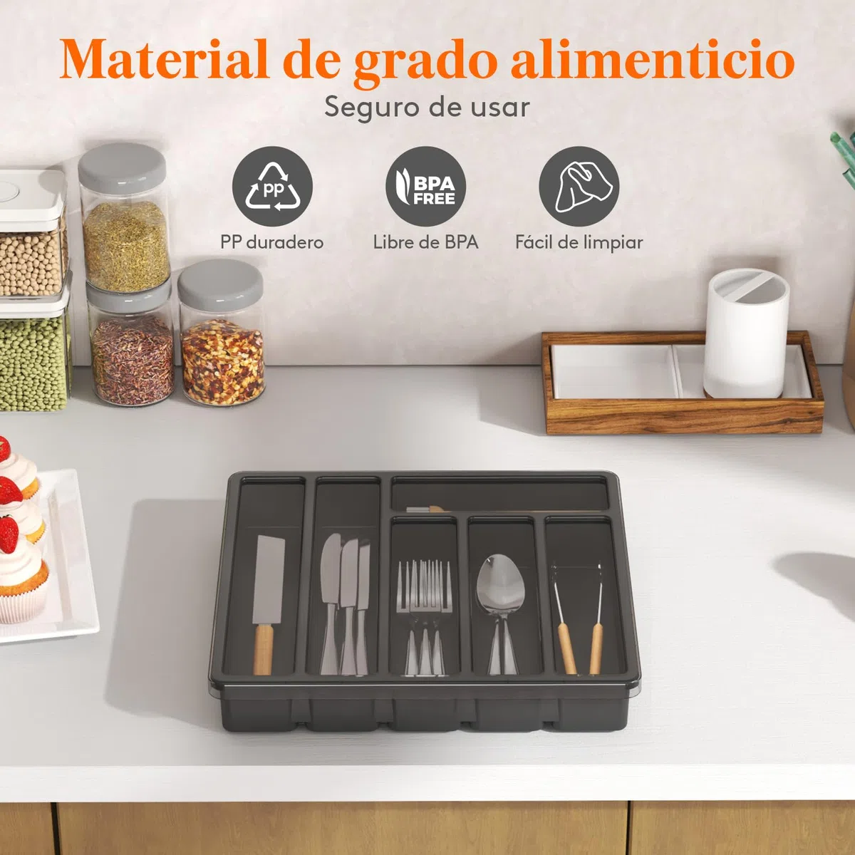 Lifewit Organizador cubiertos para cajon con tapa, Caja de cubiertos para cajón de cocina, Organizador de cajón de plástico para cuchillos, tenedores, cucharas, Bandeja con 6 compartimentos, Negro