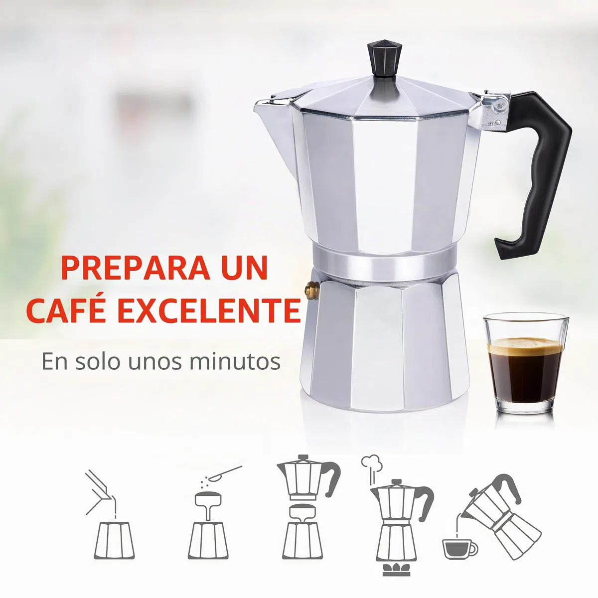 alpina Cafetera Acero Inoxidable 6 Tazas - Cafetera Italiana Acero ⌀10 x 19 CM - 320 GR - Greca de Café- Accesorios Cafetera Italiana - También con Gas/Halógeno/Cerámica - Aluminio