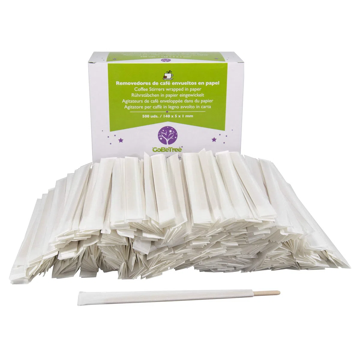 GoBeTree 500 Paletinas de Madera envueltos Individualmente en Papel de 14 cm. Palitos de café Desechables, Palitos removedores de café biodegradables. Agitadores de café.