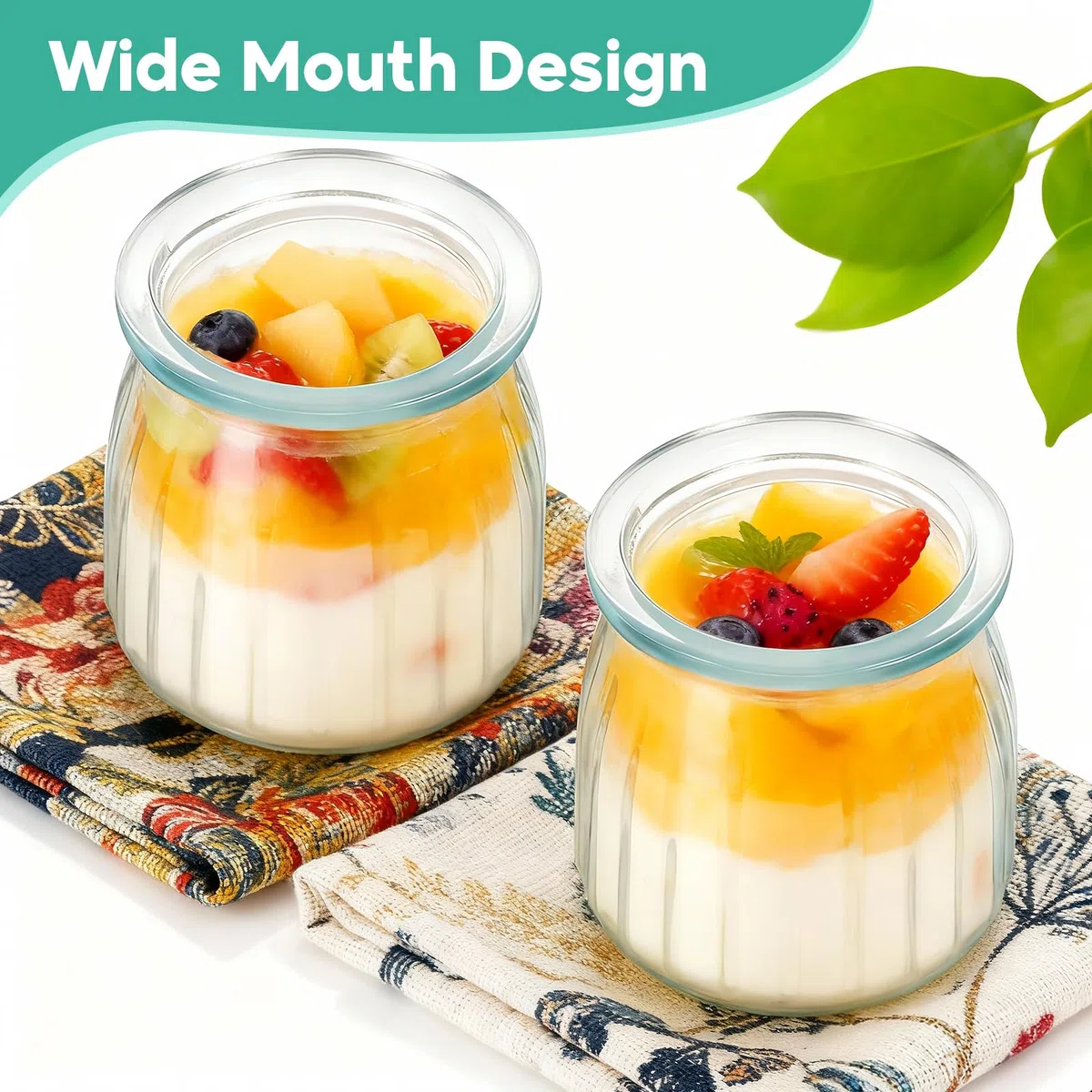 Hejo 12 Piezas Vasos Yogurtera con Tapa, 200ml Tarros de Yogur con Tapa Reutilizables, Frascos de Vidrio Pequeños, Tarros de Cristal Portátiles para Yogur Avena Mermelada de Especias(Raya)