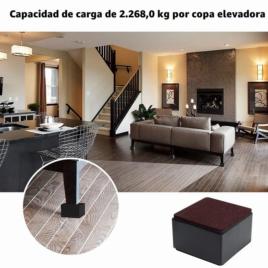 Ezprotekt Elevadores de Muebles de 5 cm, Elevadores de Cama de Acero al Carbono, 8 cm de Largo, Autoadhesivos, Resistentes, Añade 5 cm de Altura a Las Camas y Sofás, Cuadrado Negro